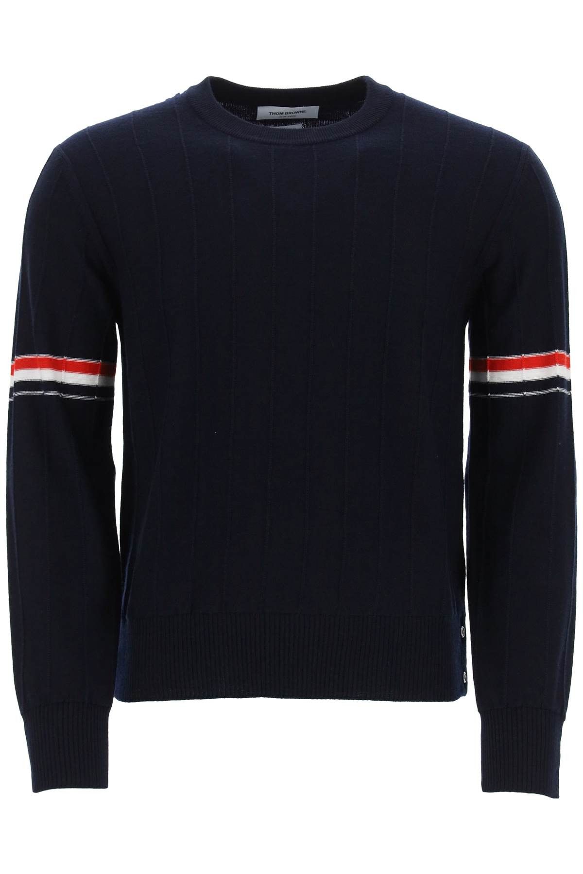 image of Thom Browne Crew-Neck Sweater With Tricolor Intarsia in Blue, Men's (Size Small)