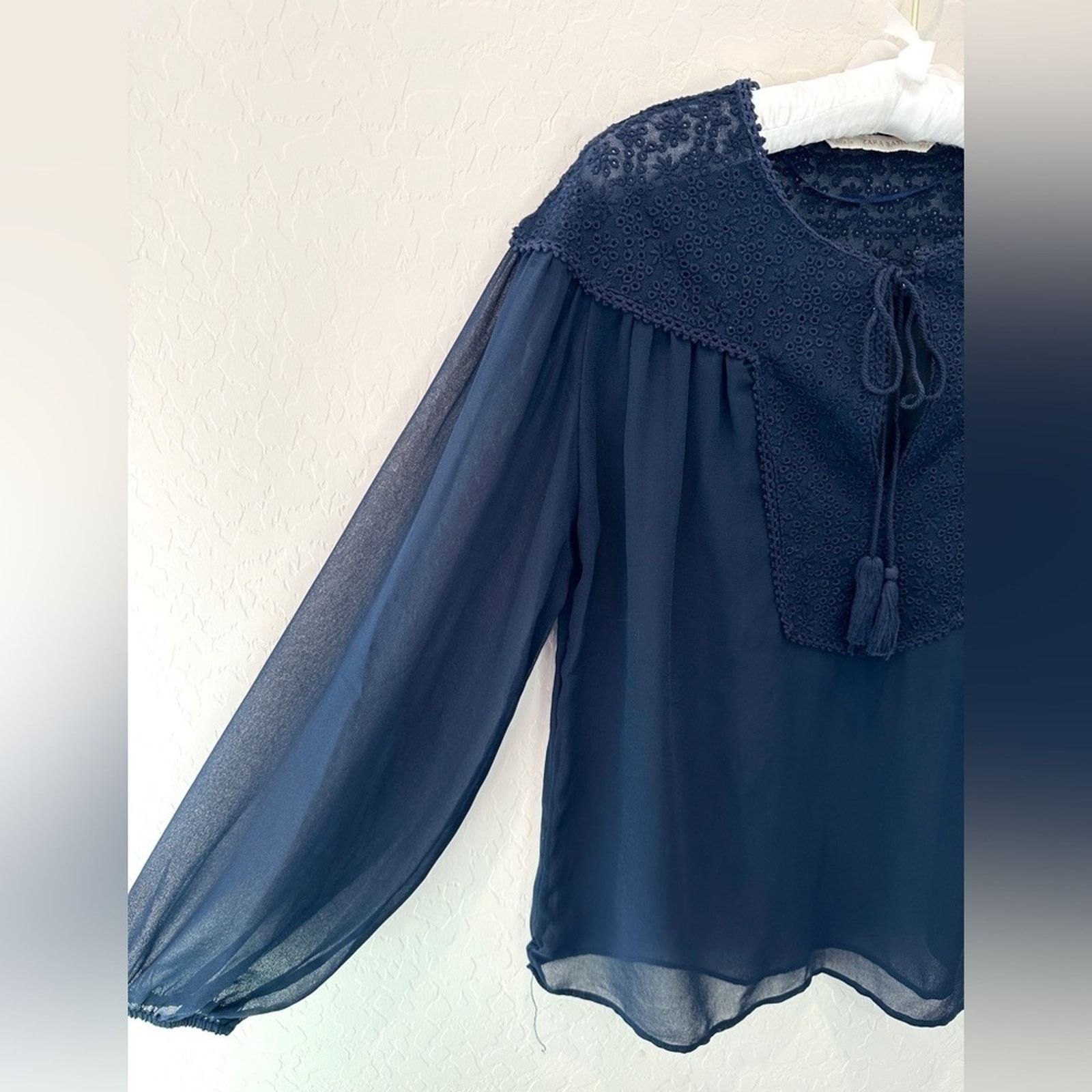 Zara ZARA | Basic Navy Blue Sheer Eyelet Lace Long Sleeve Blouse Size S / US 4 / IT 40 - 3 Thumbnail