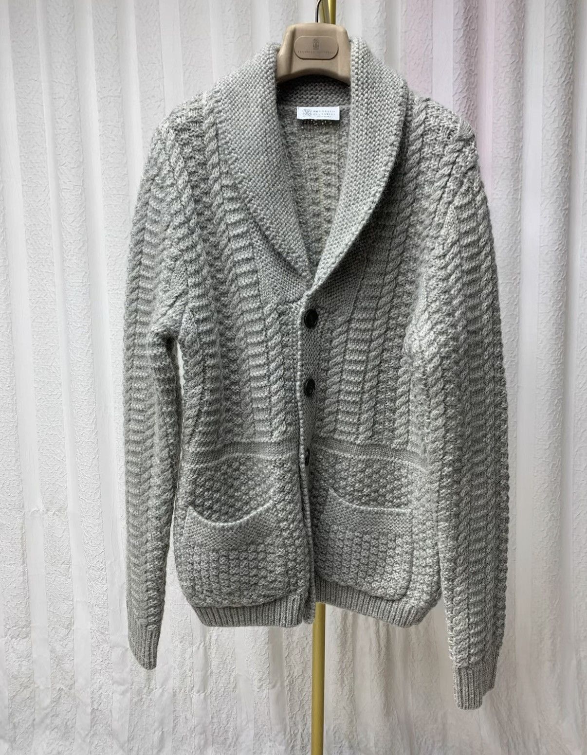 Brunello Cucinelli BRUNELLO CUCINELLI Grey Shawl Collar Cable Knit Heavyweight Size US M / EU 48-50 / 2 - 1 Thumbnail