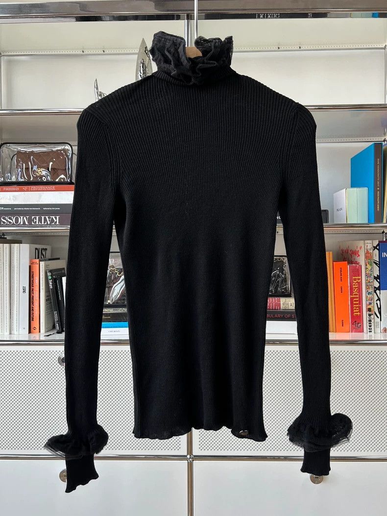 Chanel Black Knit Top with Ruffled Collar and Sleeves - dmc Size US M / EU 48-50 / 2 - 1 Thumbnail