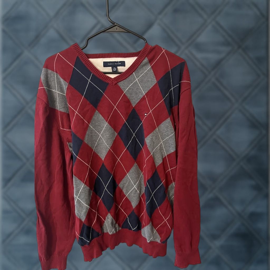Tommy Hilfiger Tommy Hilfiger Embroidered Logo Argyle V-Neck Sweater Mens XL Red Long Sleeve Knit Pullover Size US XL / EU 56 / 4 - 1 Thumbnail