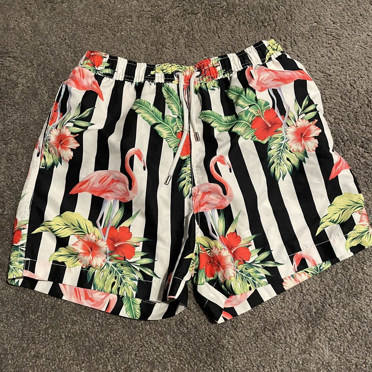 Other Floral Flamingo Mens Black and White Striped Swimwear Shorts Size US 30 / EU 46 - 1 Thumbnail