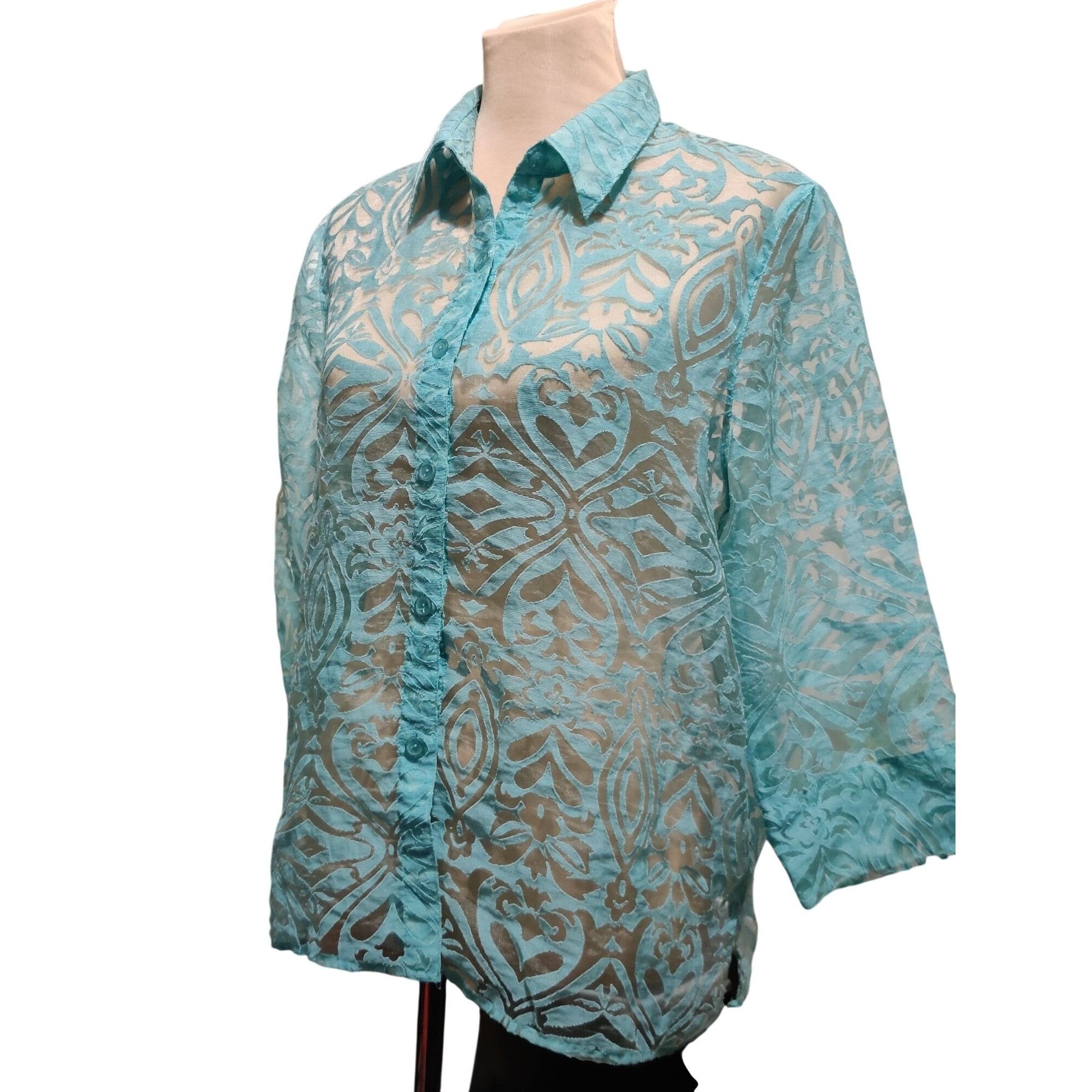 Vintage Womenx XL Blouse Turquoise Blue Sheer Burnout Vintage Button Size XL / US 12-14 / IT 48-50 - 11 Thumbnail