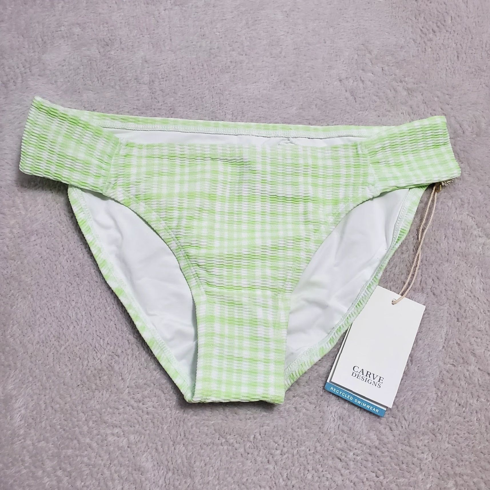 Vintage Carve Designs Cardiff Bikini Bottom Women M Lime Green White Spritz Texture Gingham UPF 50 4-Way Stretch Nylon Spandex Beach Surf Sustainable Size 32" / US 10 / IT 46 - 2 Thumbnail