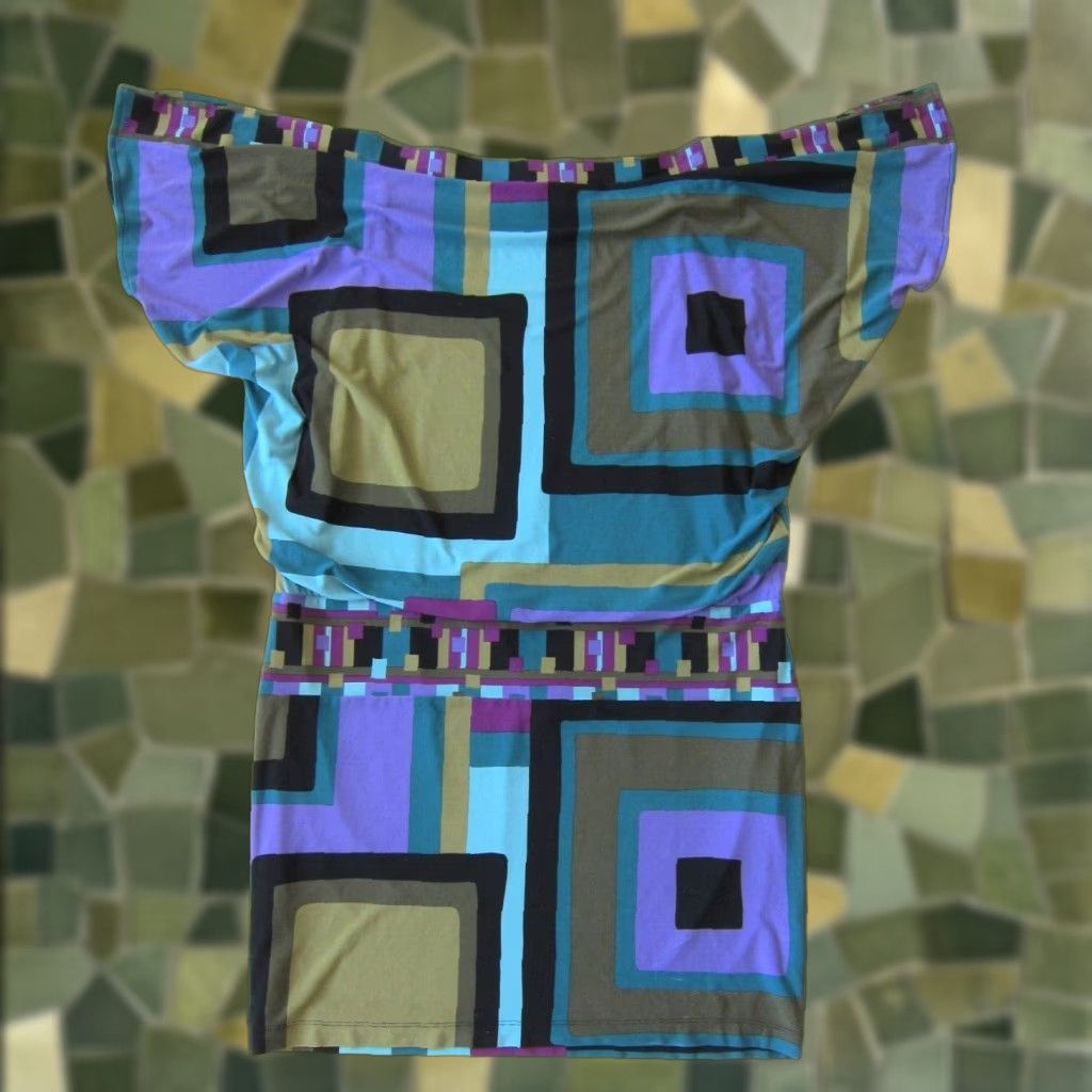 Vintage Muse Dress Geometric Stretch Boxy Empire Sheath Tunic Green Purple Black 14 Women Size XL / US 12-14 / IT 48-50 - 1 Thumbnail