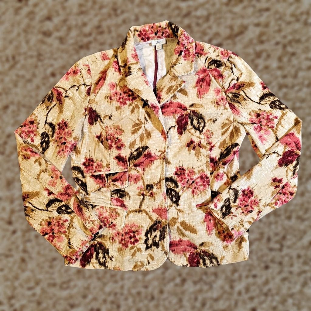 J. Jill VINTAGE J. Jill Blazer Women’s Small Beige Pink Floral Corduroy Snap Button 90s LTD Blazer Jacket Mens? Size S / US 4 / IT 40 - 1 Thumbnail