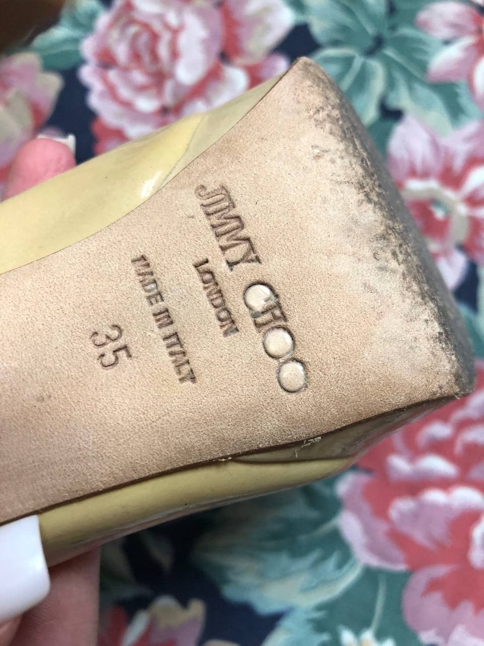 Jimmy Choo Jimmy Choo Womens Patent Leather Peep Toe Heel Pumps Beige Size US 5 / IT 35 - 5 Thumbnail