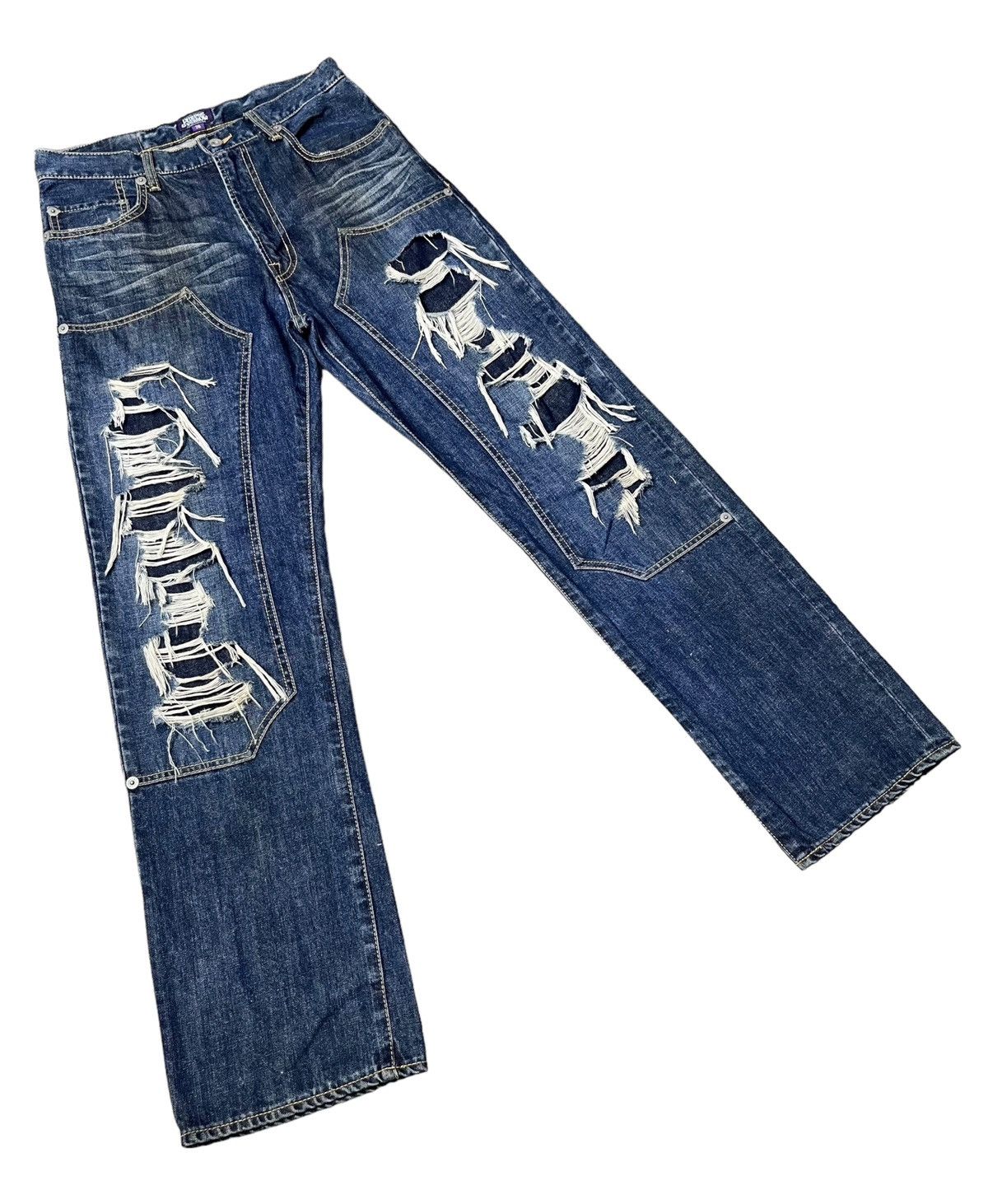 Japanese Brand FYE🔥PURPLE & YELLOW Vintage Ripped Double Knee Buckle Back Size US 29 - 2 Thumbnail