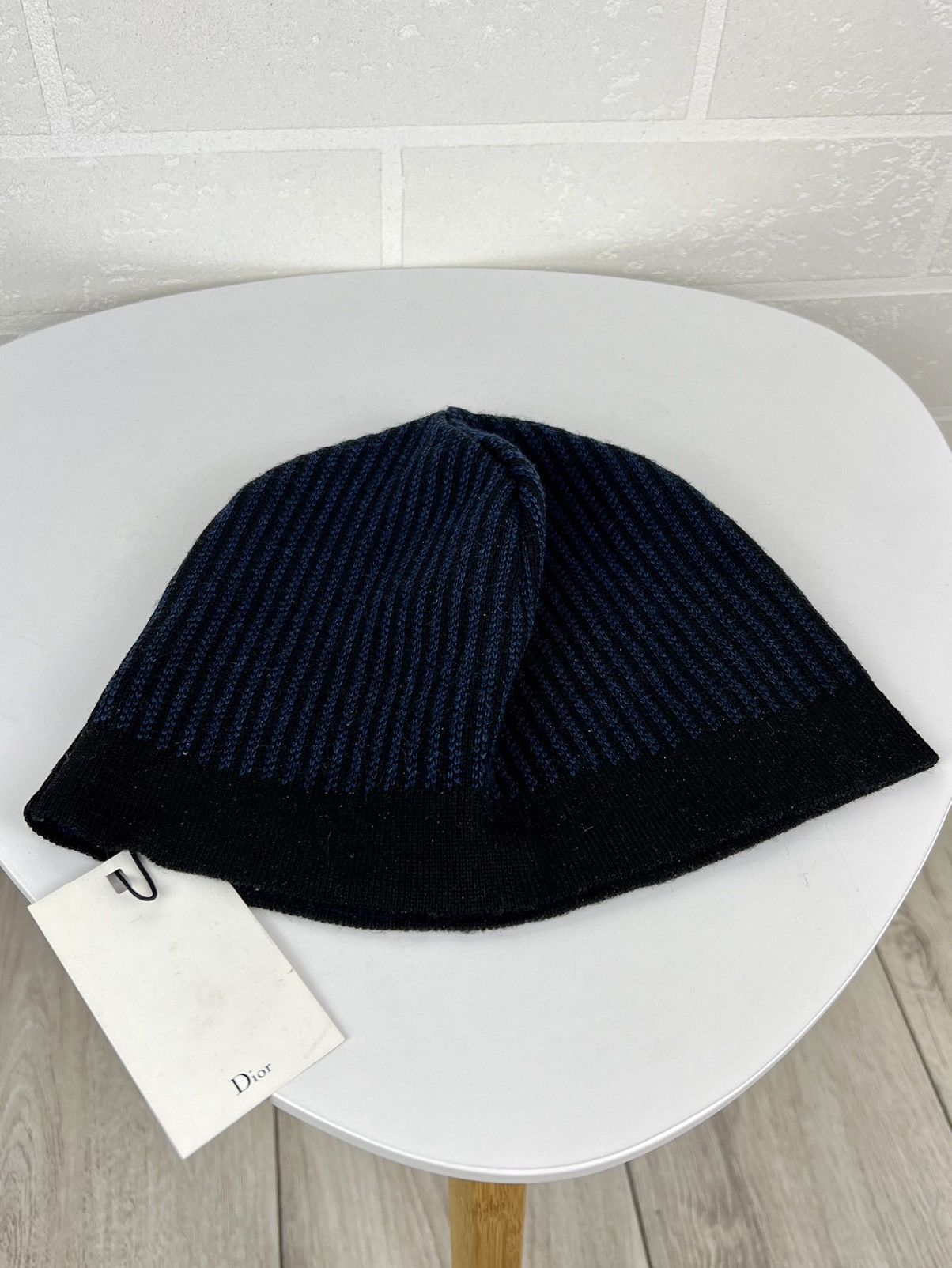 Dior DIOR Hat Wool 100% Leather Patch Logo Striped Black/Blue Men Size ONE SIZE - 8 Thumbnail