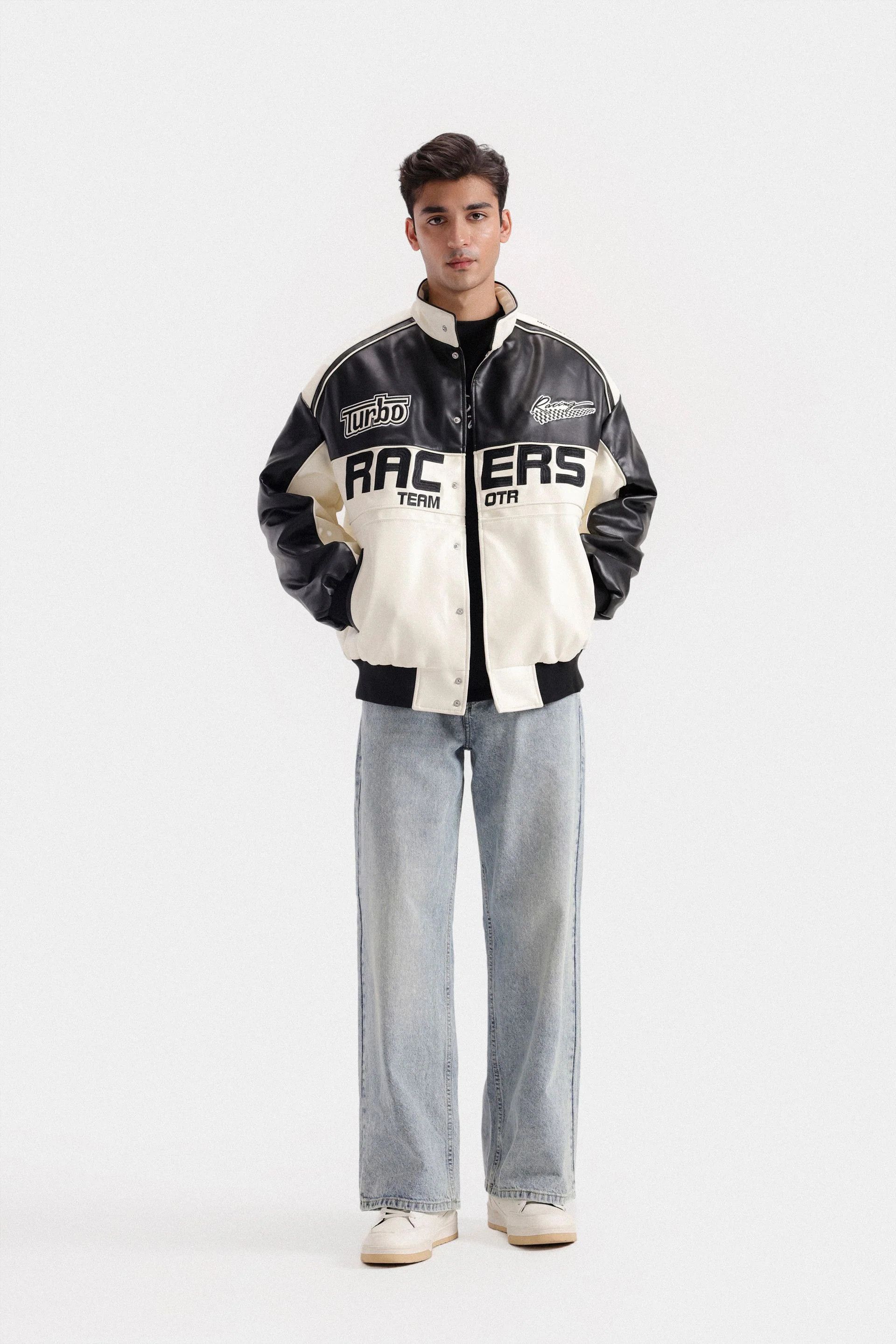 Other Black & White Faux Leather Racing Jacket Zip Up Size US L / EU 52-54 / 3 - 3 Thumbnail