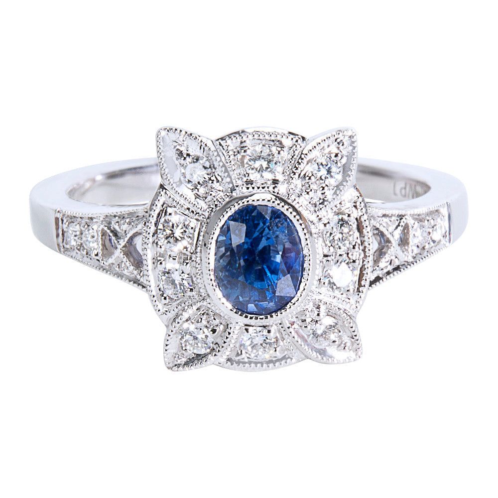 BRAND NEW Diamond & Sapphire Vintage Style Ring in 18K White Gold (0.18 CTW)