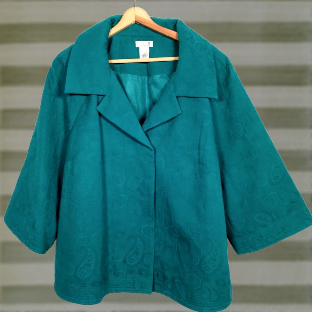 Laura Ashley Laura Ashley Kimono Blazer Jacket 2X Blue Teal Paisley Tapestry Floral Satin Lining Short 3/4 Sleeve Snap Door Size XXL / US 16-18 / IT 52-54 - 1 Thumbnail