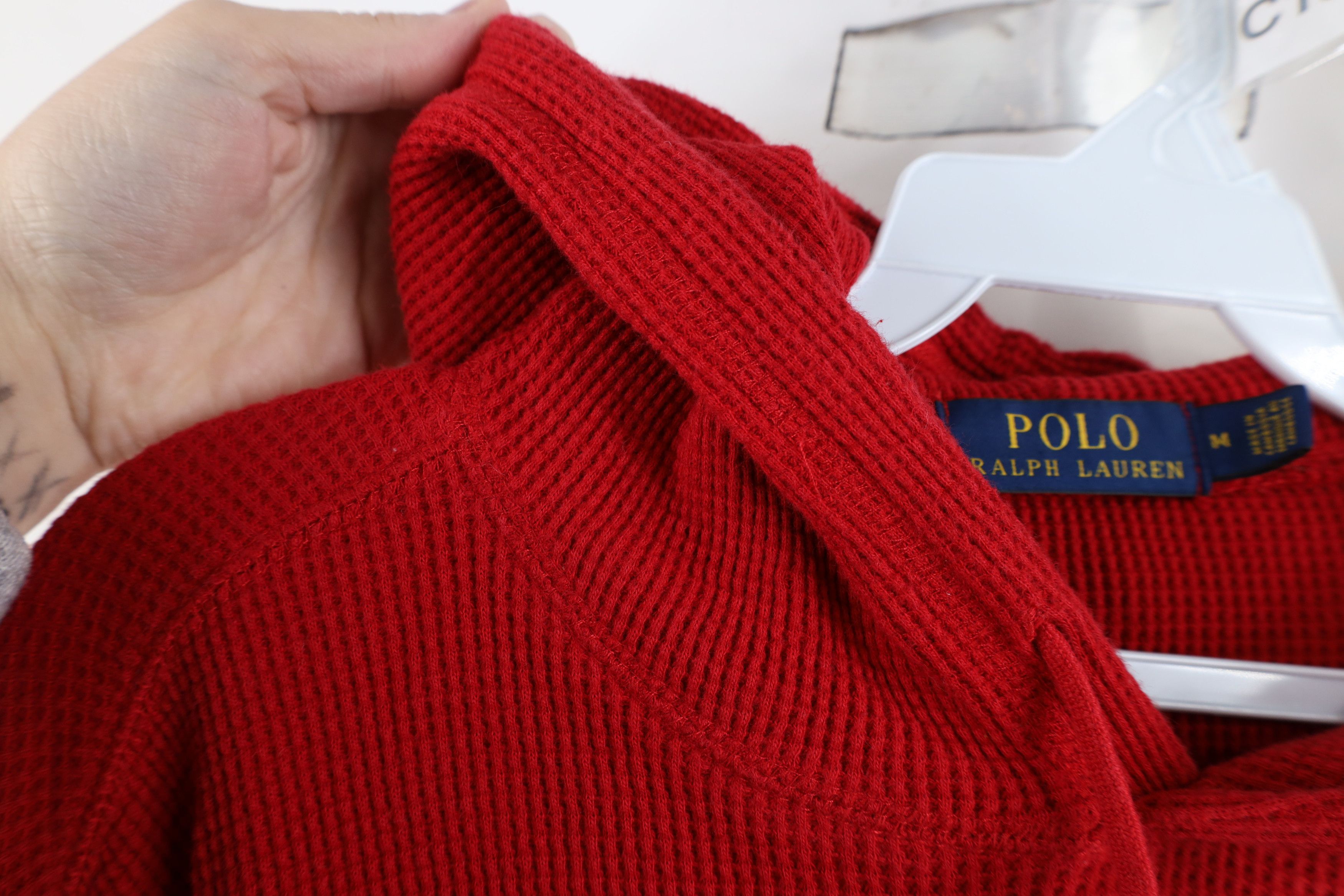 Ralph Lauren × Vintage Vintage Ralph Lauren Waffle Knit Hoodie Sweatshirt Red Size US M / EU 48-50 / 2 - 7 Thumbnail