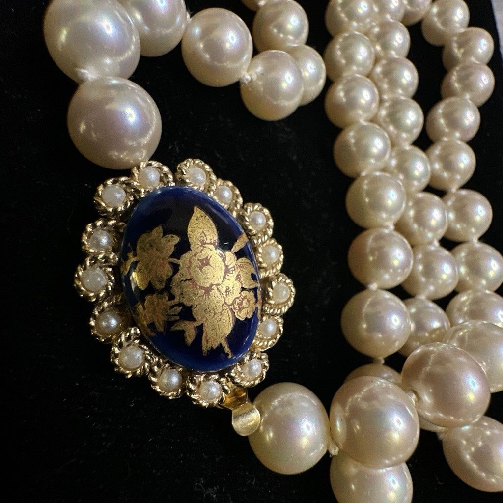 Vintage Vintage Limoges Pearl Necklace France 18” Blue Gold Ornate P Size ONE SIZE - 2 Thumbnail