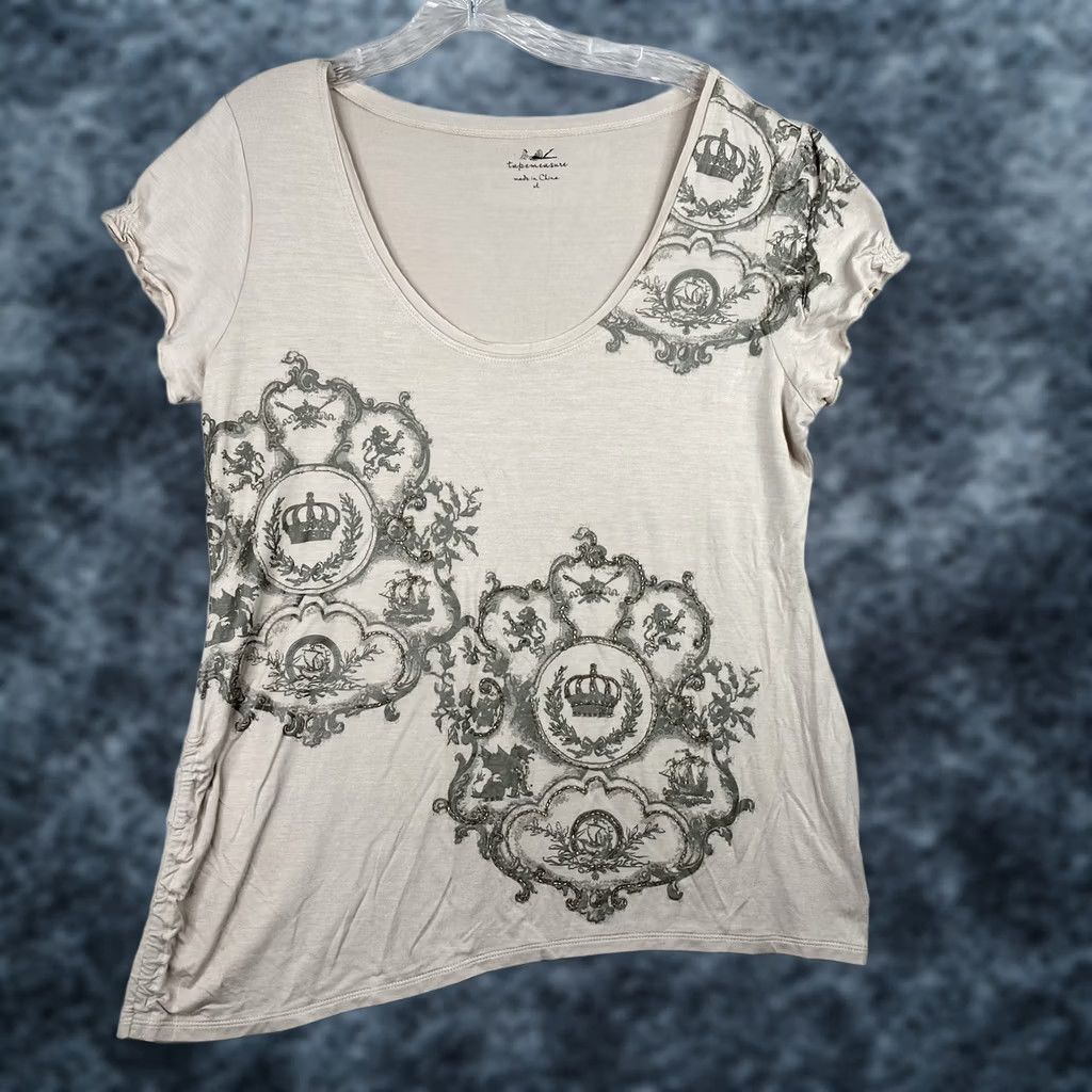 Vintage Tape Measure T Shirt Women XL Beaded Queen Crown Vintage Cinched Beige Size XL / US 12-14 / IT 48-50 - 1 Thumbnail