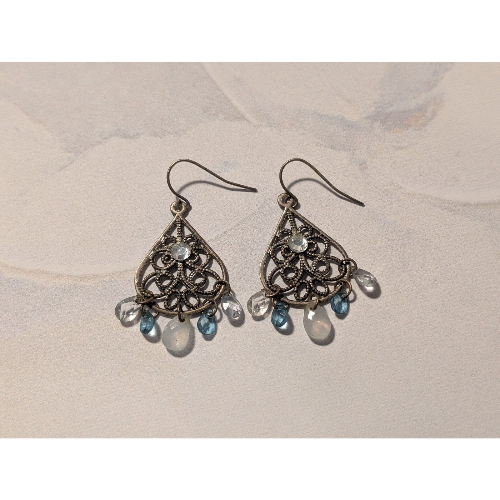 Vintage VTG 1980s Silver-Tone Blue Glass Teardrop Dangle Earrings Size ONE SIZE - 2 Thumbnail