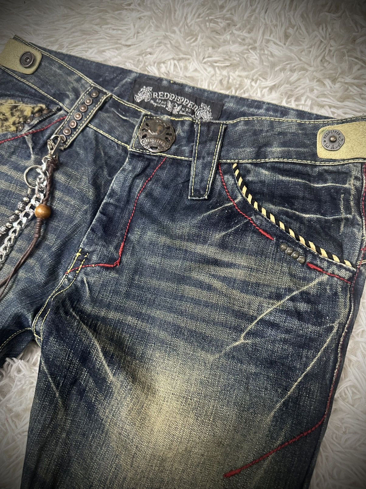 Tornado Mart rare 00s red pepper studded fur leopard bootcut jeans Size US 34 / EU 50 - 4 Thumbnail