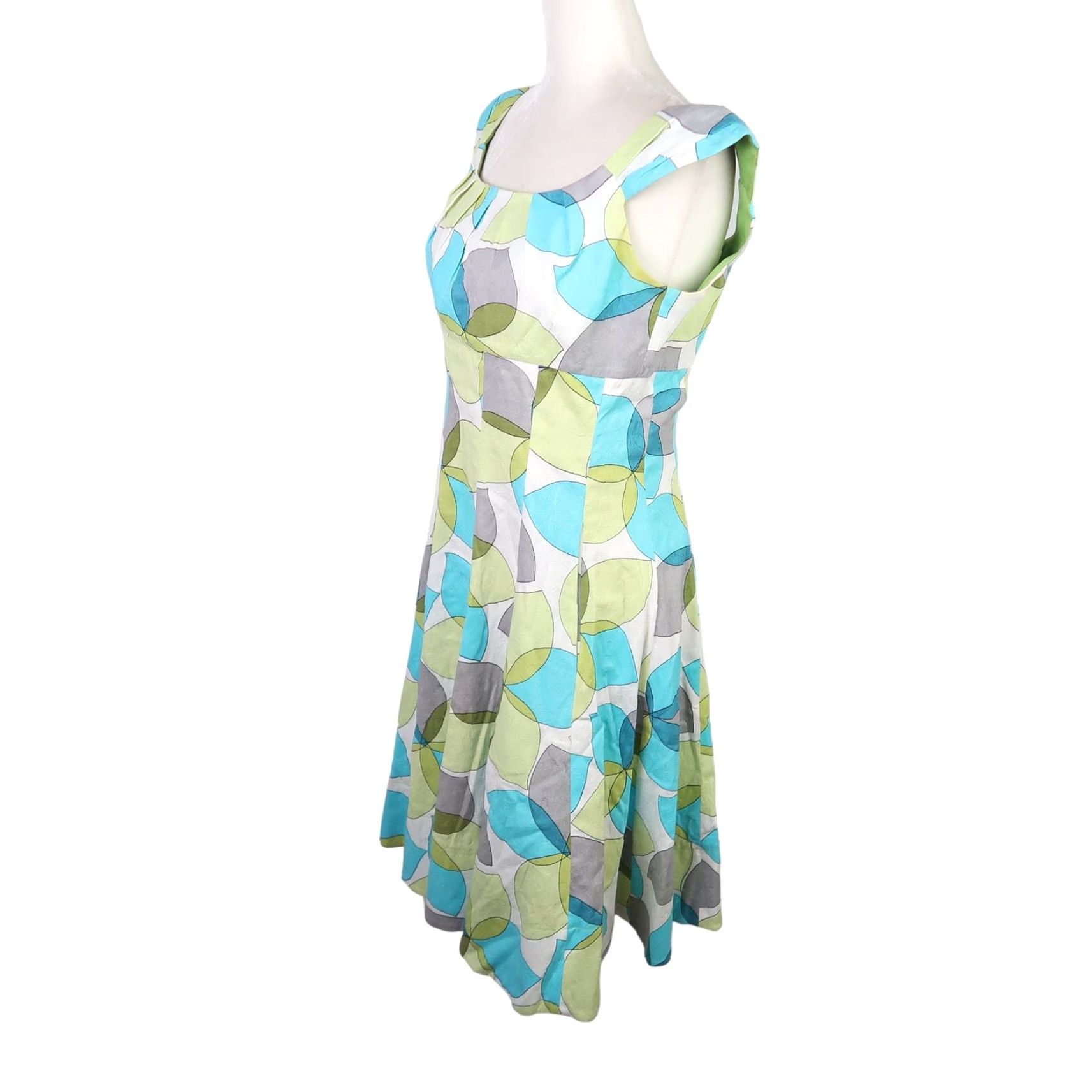 MAGGY LONDON VINTAGE Maggy London A-Line Dress Sleeveless 6 Women Green Cream Blue Abstract Circle Print Knee Length Cotton Pockets 90s Size M / US 6-8 / IT 42-44 - 3 Thumbnail