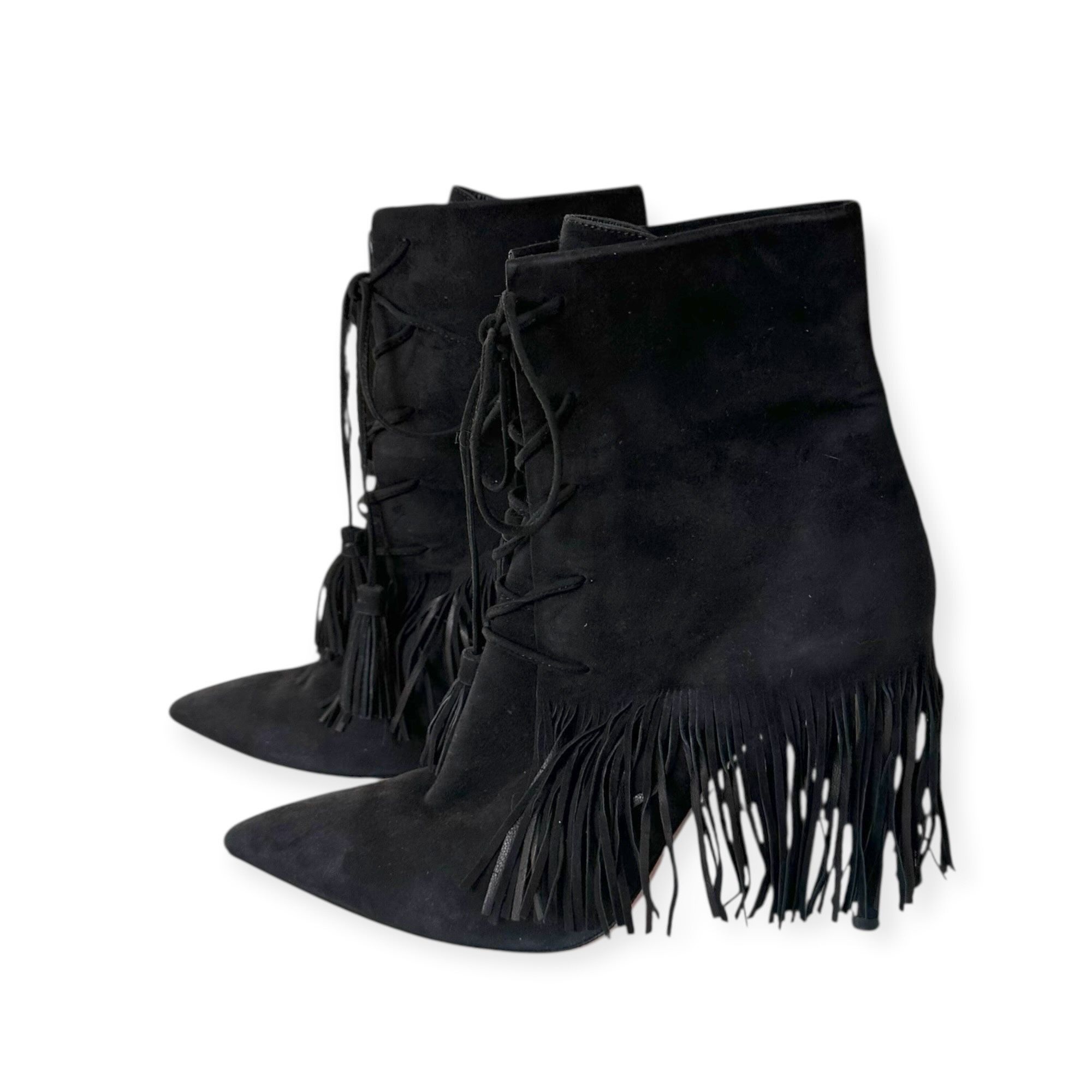 Aquazzura AQUAZZURA Mustang 105 Fringe Heeled Ankle Boots In Black Sue Size US 7 / IT 37 - 5 Thumbnail
