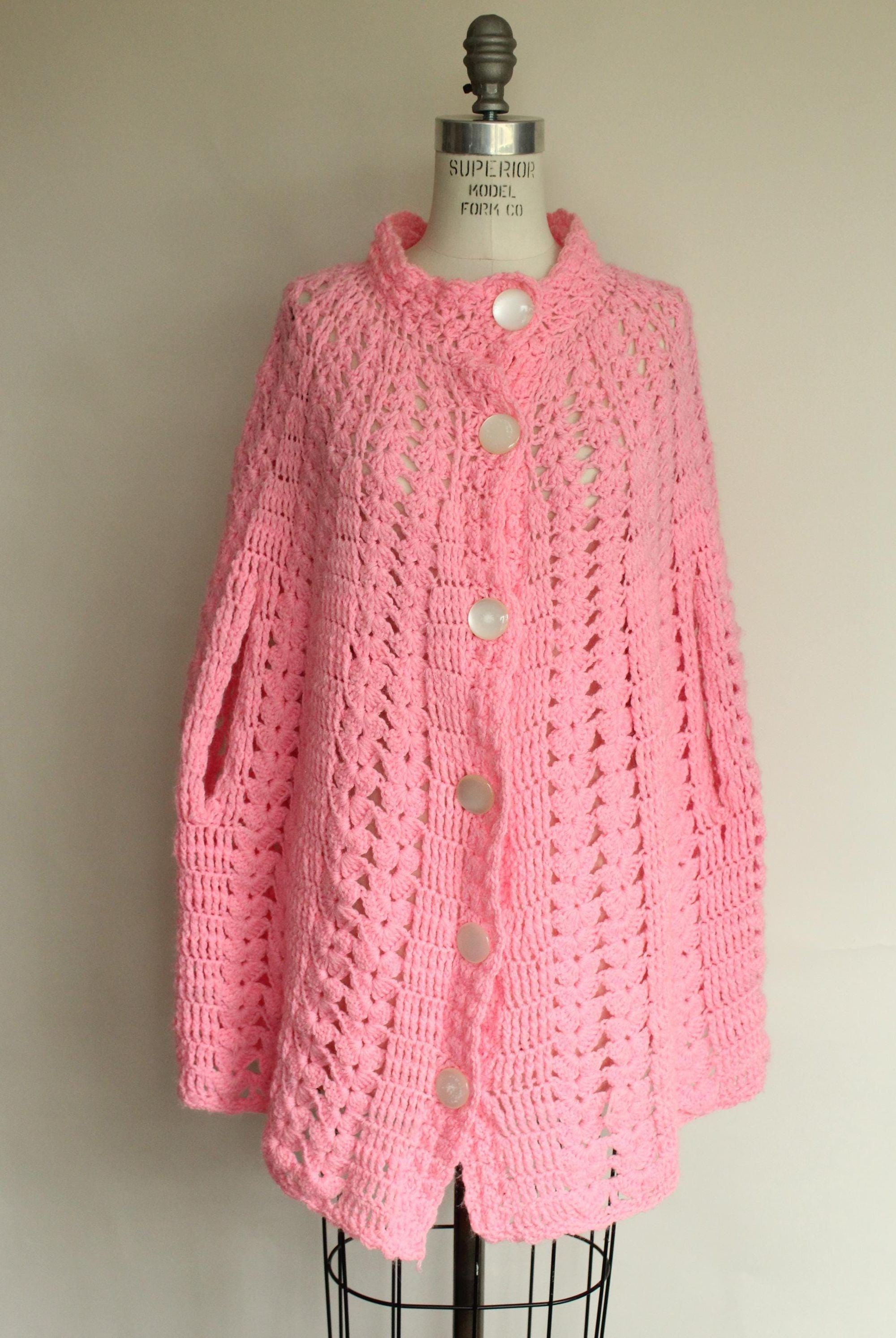 Vintage Vintage 1960s 1970s Poncho Shawl, Pink Knit or Crochet with Size ONE SIZE - 2 Thumbnail