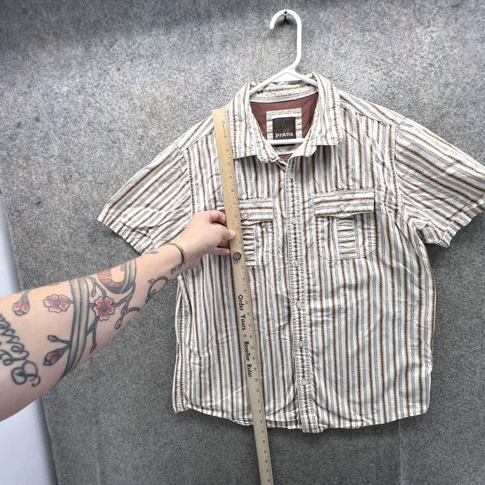 Prana prAna Shirt Mens Medium Brown Stripe Short Sleeve Button Front Casual Woven Size US M / EU 48-50 / 2 - 5 Thumbnail