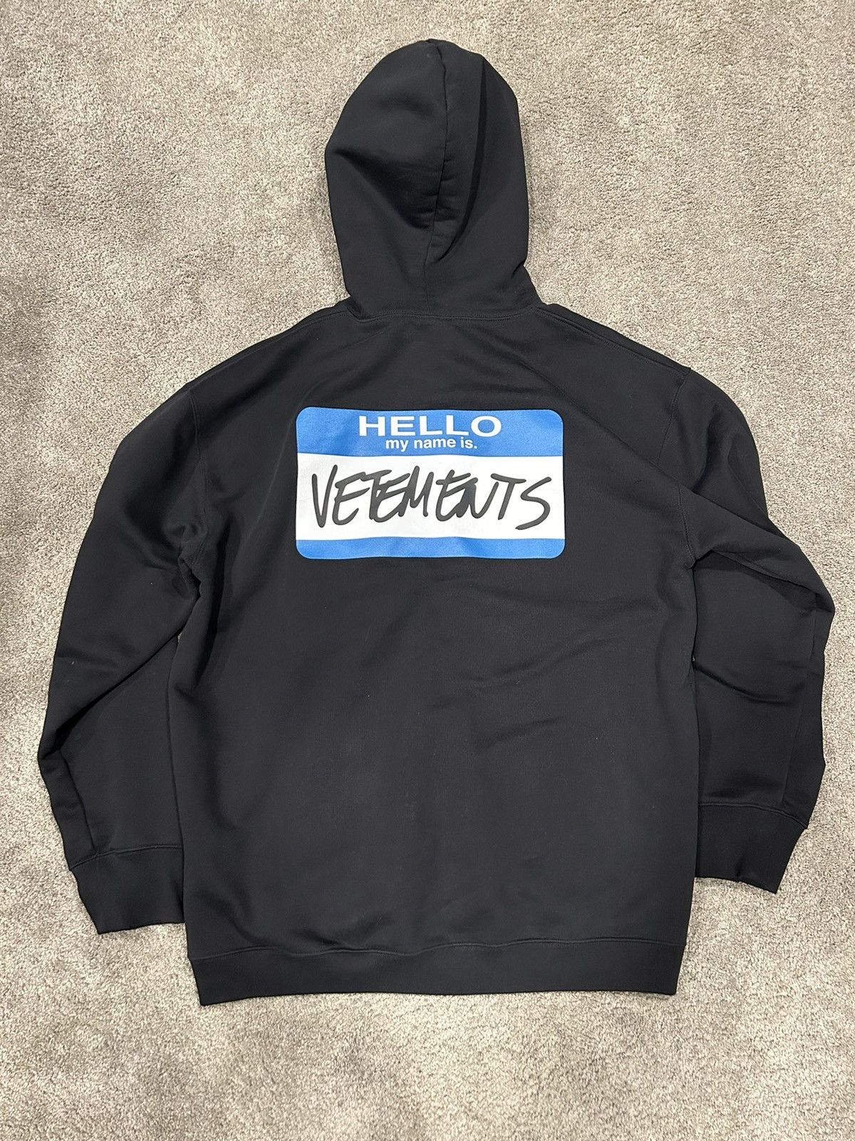 Pre-owned Vetements “hello My Name Is ” Blue Nametag Hoodie In Black