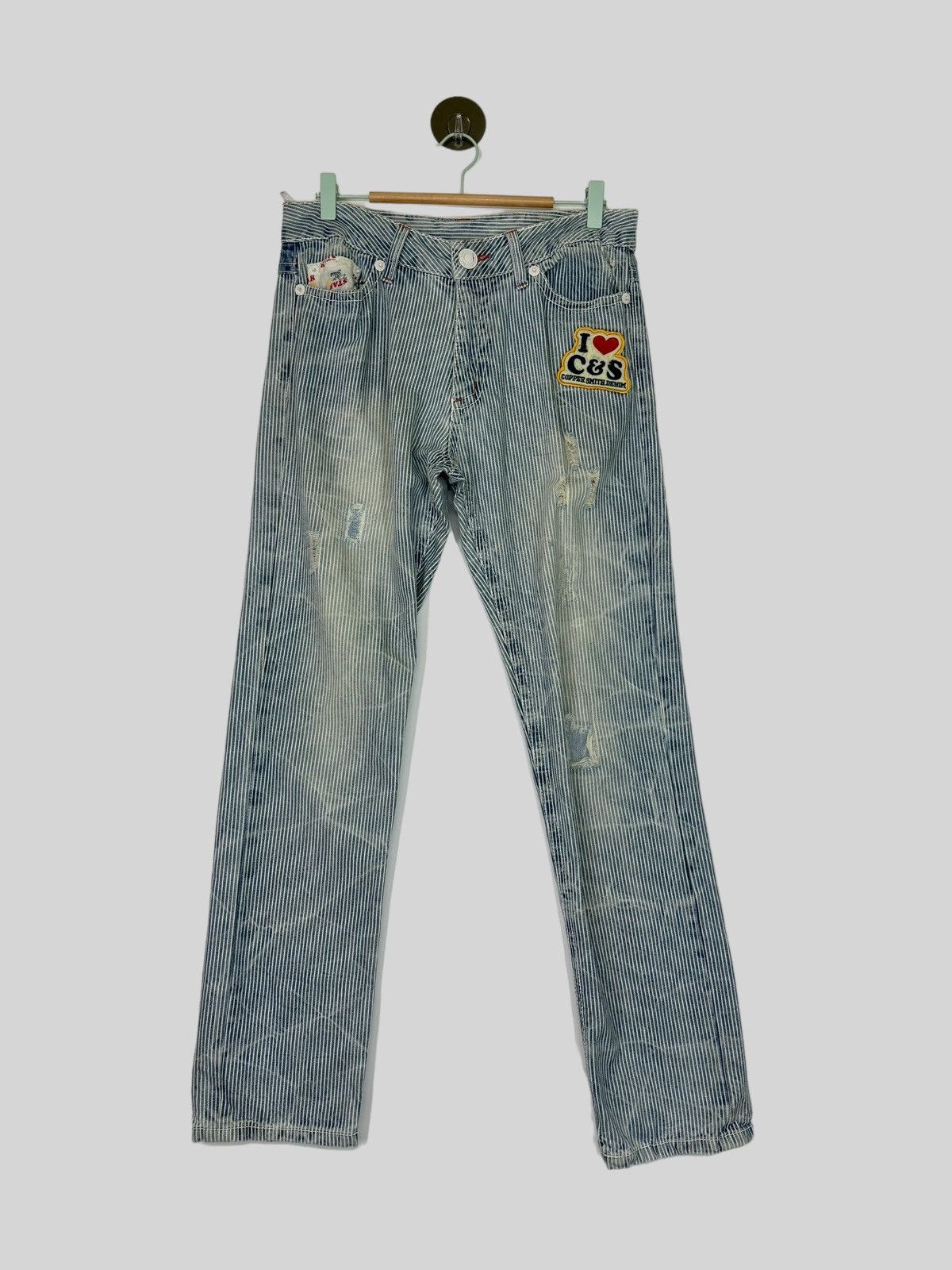 Hysteric Glamour × Japanese Brand Distressed Striped Patches i ❤️ Copper Smith Denim Jeans Size US 31 - 1 Thumbnail