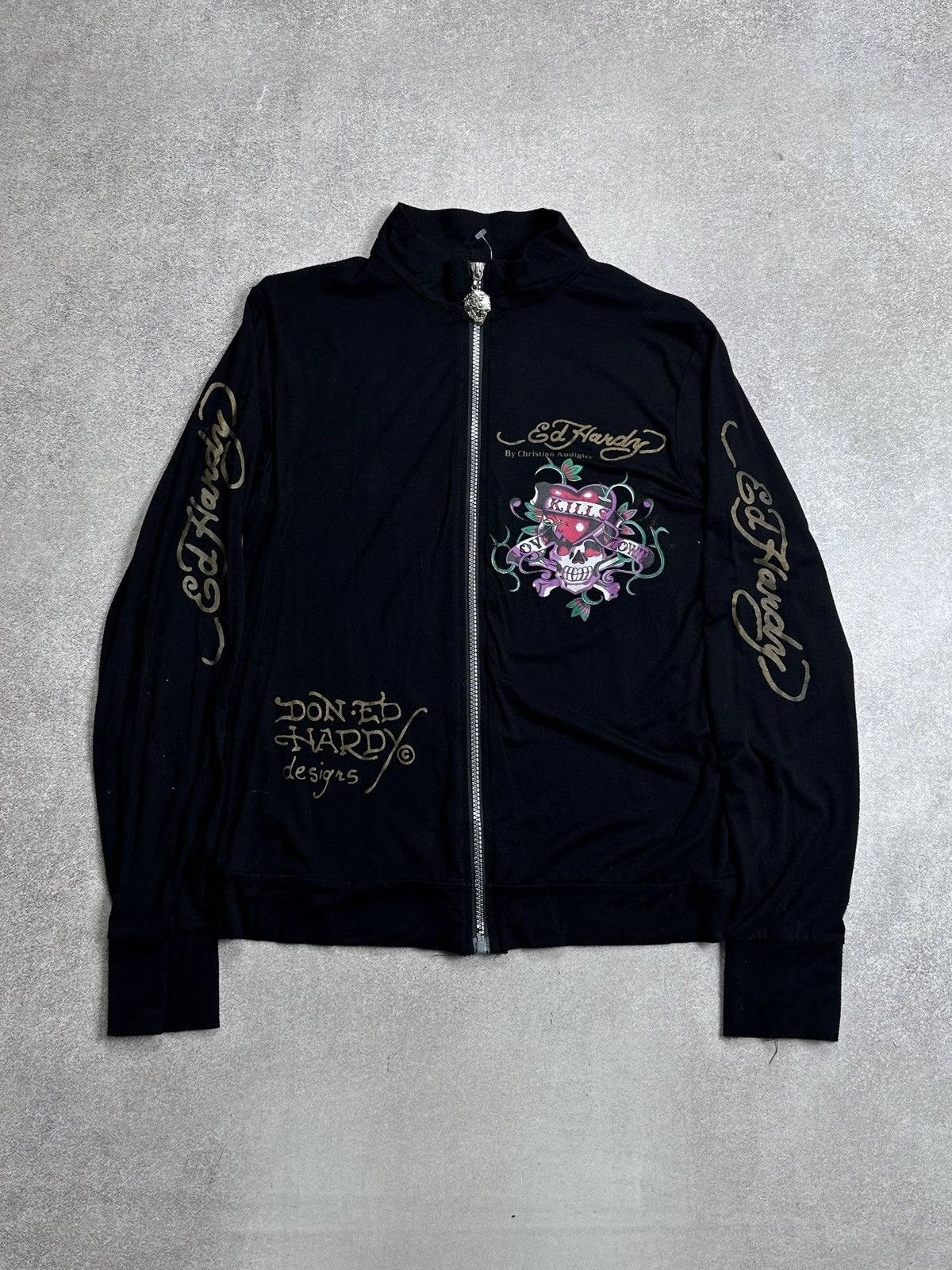 Vintage Ed Hardy Womans Y2K All Over Zip Jacket S Rare