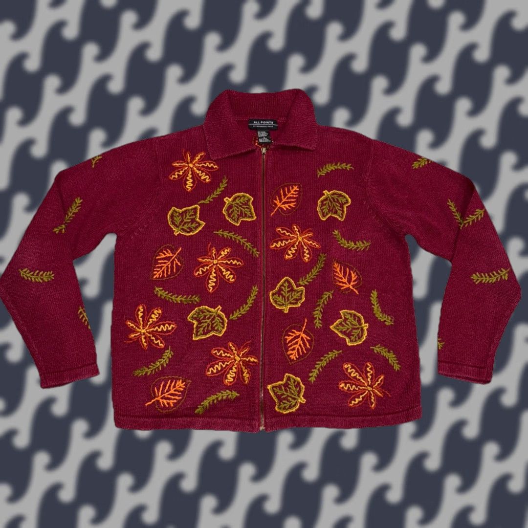 Vintage VINTAGE All Points Womens Maroon Cardigan Sweater Autumn Leaves Embroidery Knit Crew Neck Full Zip Large Size L / US 10 / IT 46 - 1 Thumbnail