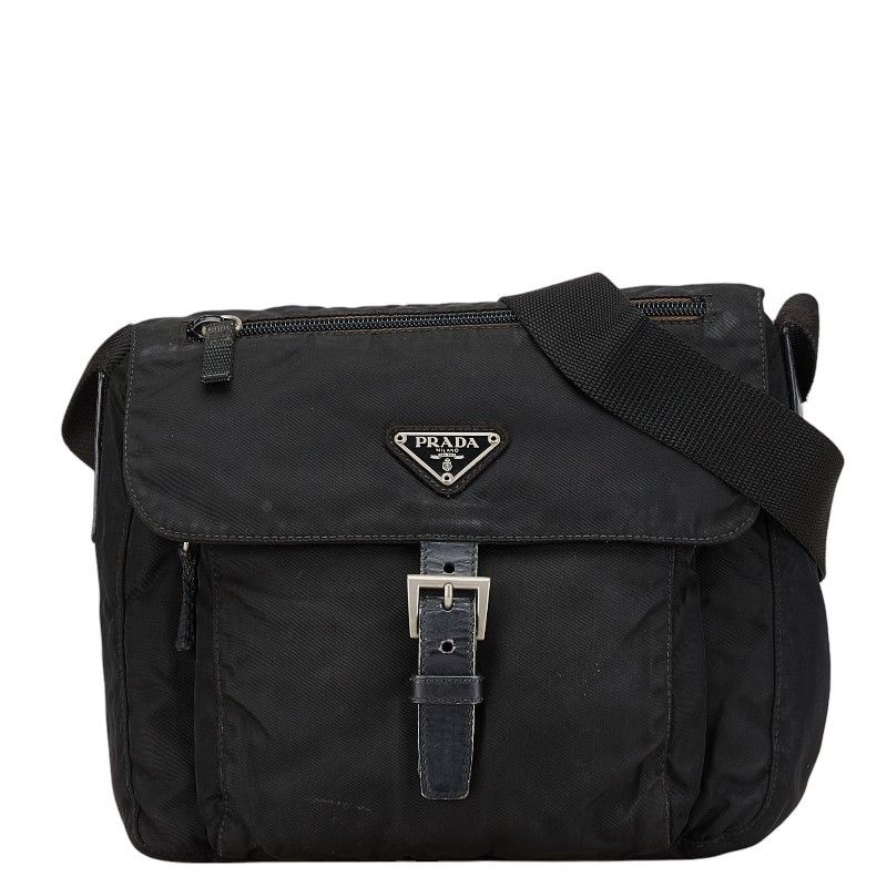 Prada Prada Nylon Leather Triangle Logo Plate Shoulder Bag Leather Shoulder Bag in Black, Women's