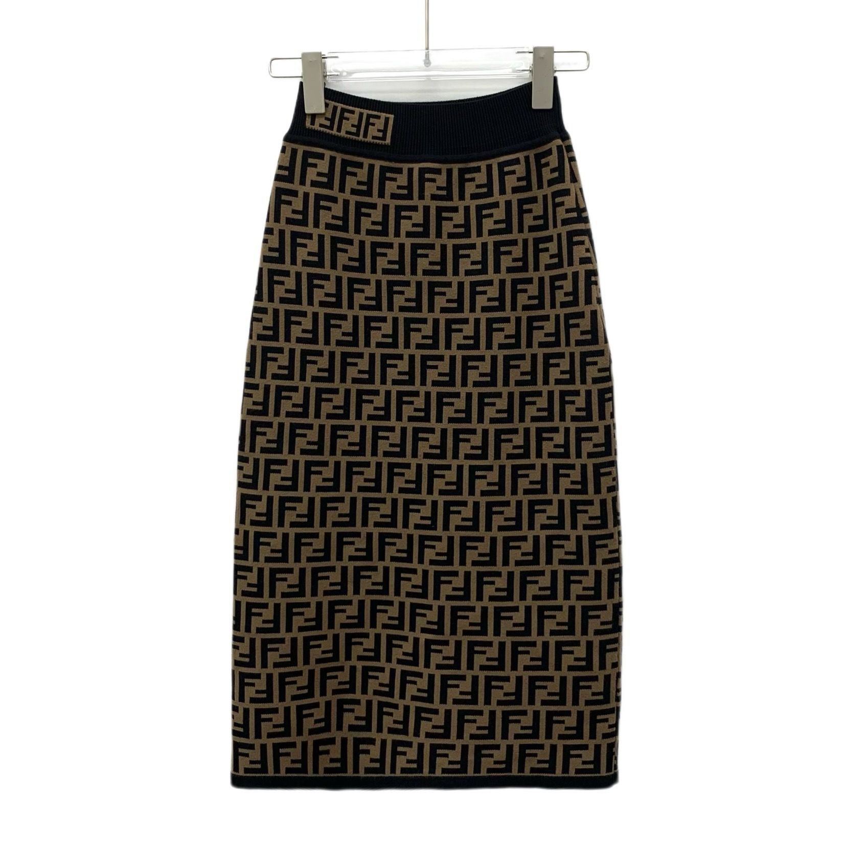 Fendi Fendi Womens Knitted Skirt Dark Brown FF Logo Pattern Viscos Size 36" / US 14 / IT 50 - 1 Thumbnail