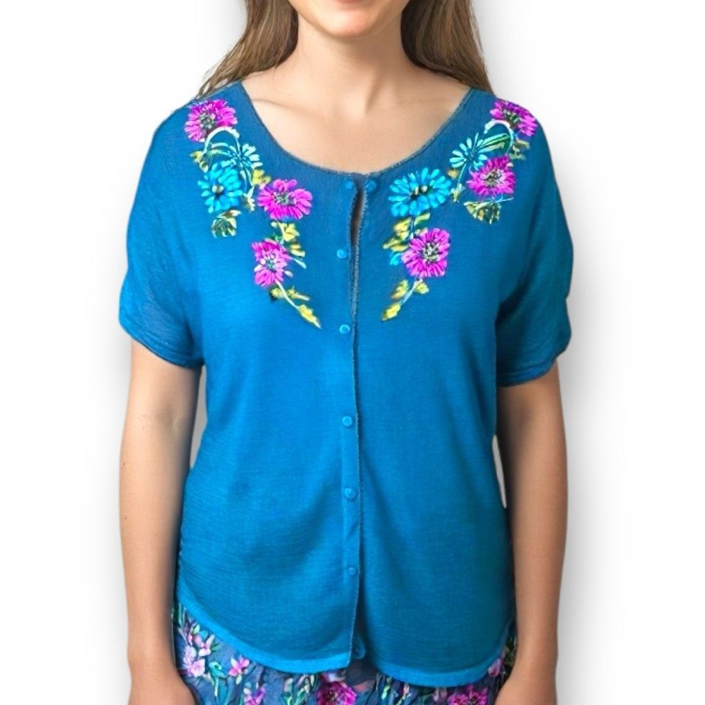 Vintage Vintage R&K Originals Teal Blue Floral Short Sleeve Knit Car Size L / US 10 / IT 46 - 1 Thumbnail