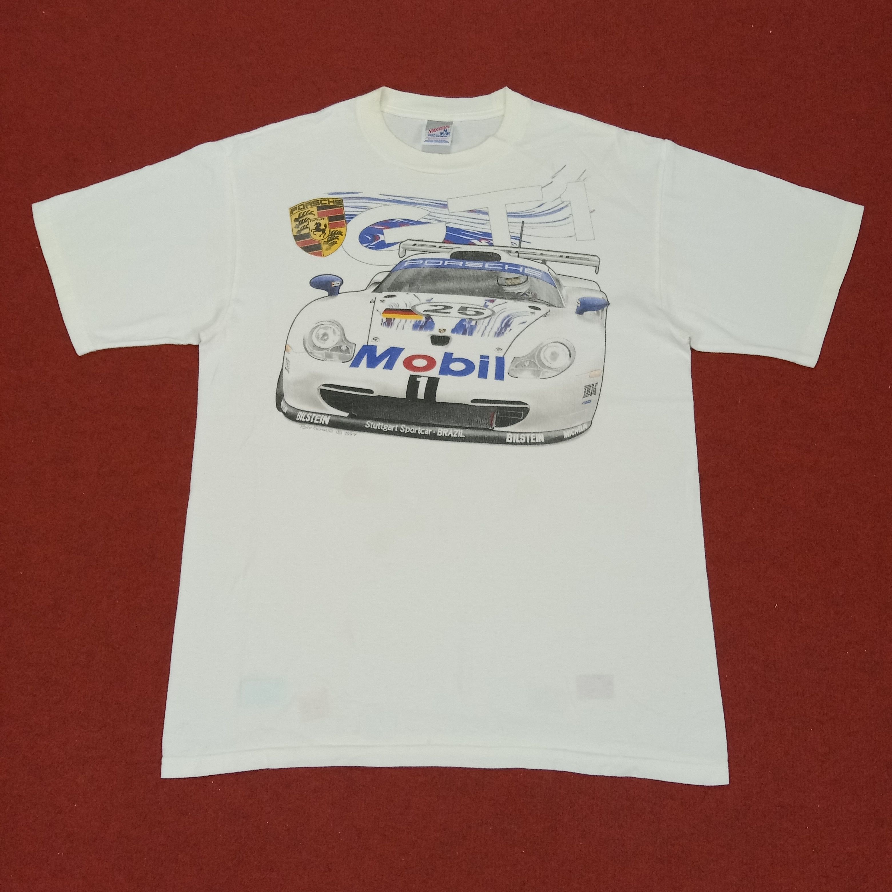 image of Porsche Design x Racing Porsche Gt1 Mobil Michelin Racing Car Vintage Tshirt in White (Size Medium)
