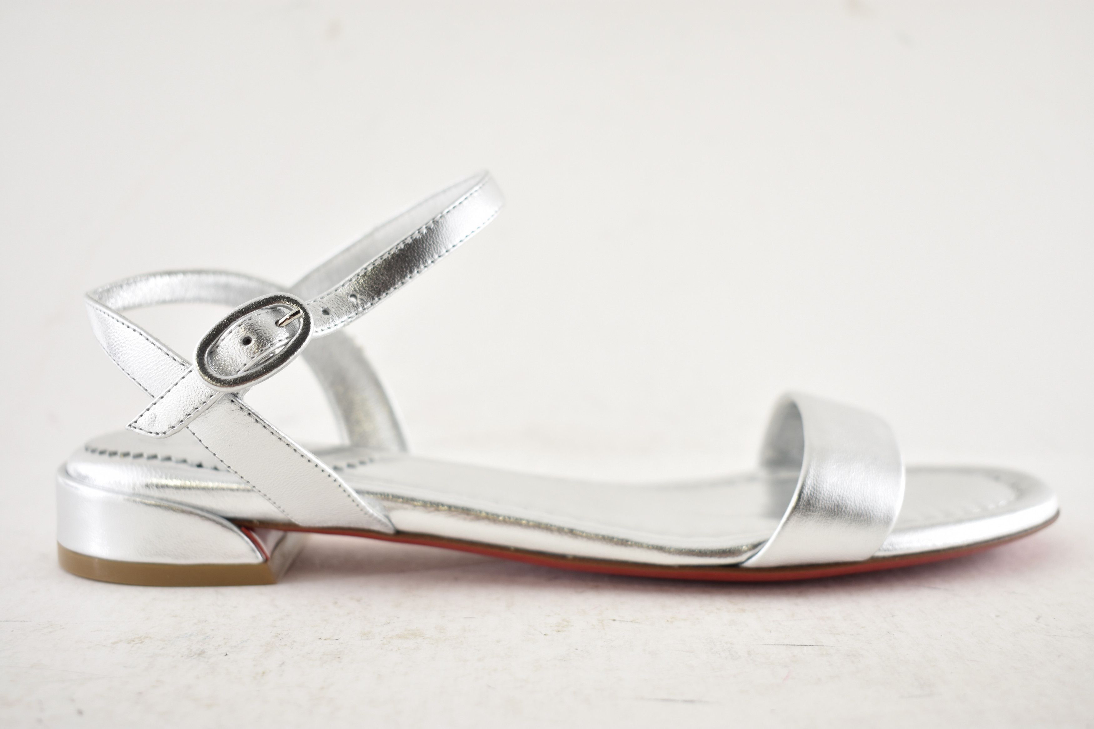 Christian Louboutin Sweet Jane Sandal Flat Silver Nappa Leather Ankle Strap 40.5 Size US 10.5 / IT 40.5 - 2 Thumbnail