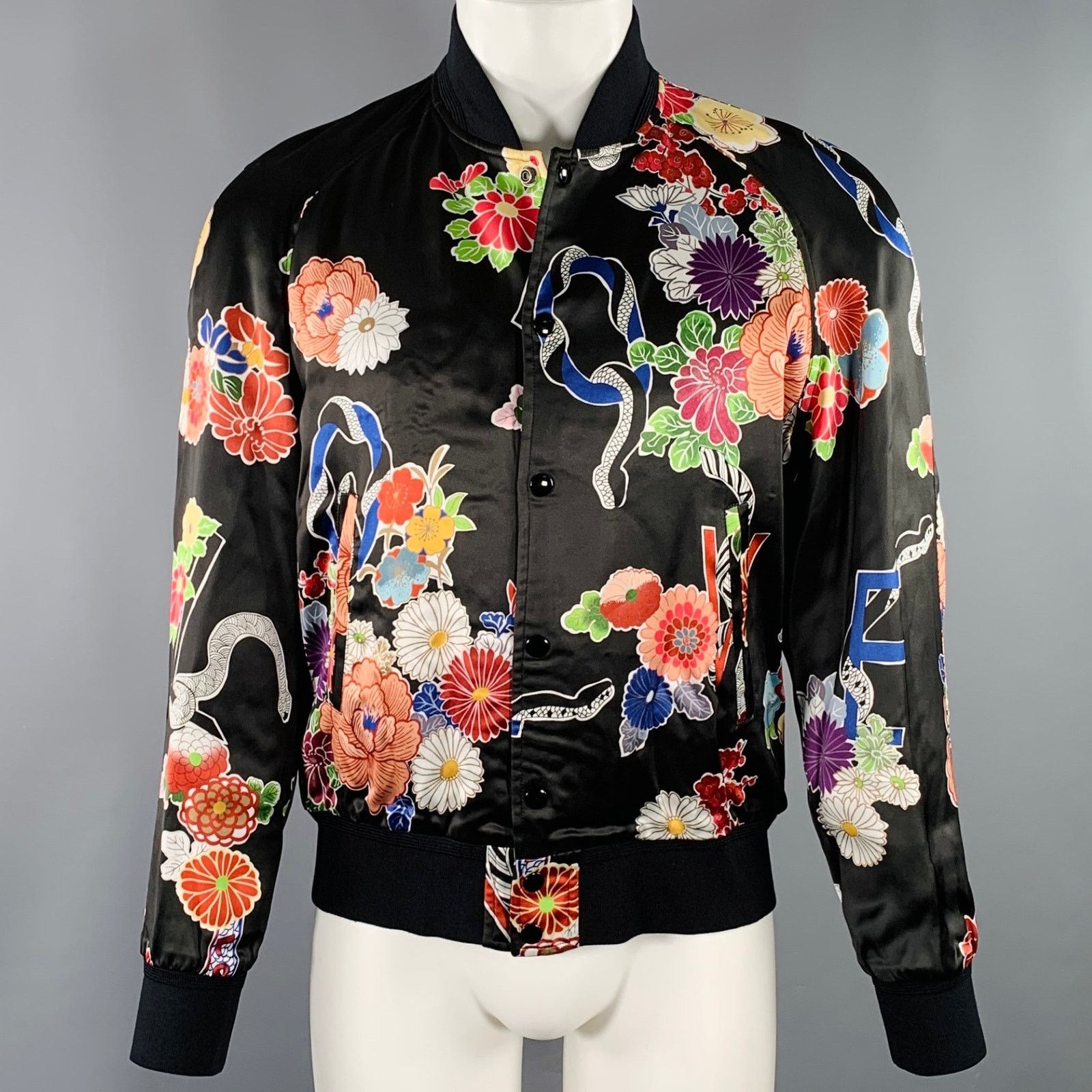 Saint Laurent Paris 40 Black Multi Color Floral Viscose Varsity Jacket Size US L / EU 52-54 / 3 - 1 Thumbnail
