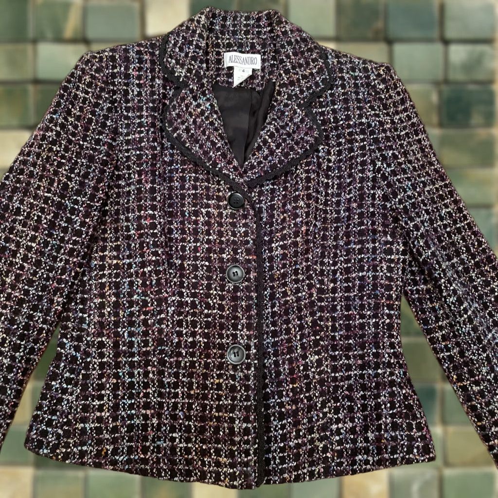 Vintage VINTAGE Alessandro Tweed Blazer Women 4 Button Lined Jacket Plaid Scalloped Edge Blazer Size S / US 4 / IT 40 - 1 Thumbnail