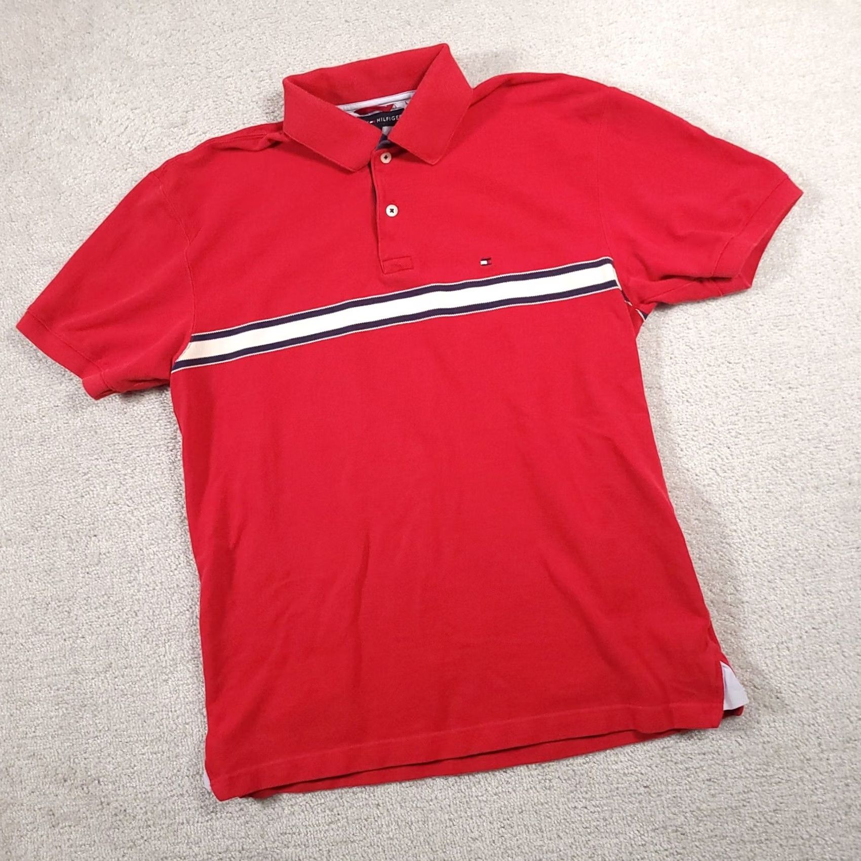 Tommy Hilfiger VINTAGE Tommy Hilfiger Polo Shirt Mens Medium Red White Stripe Red Logo Golf Size US M / EU 48-50 / 2 - 2 Thumbnail