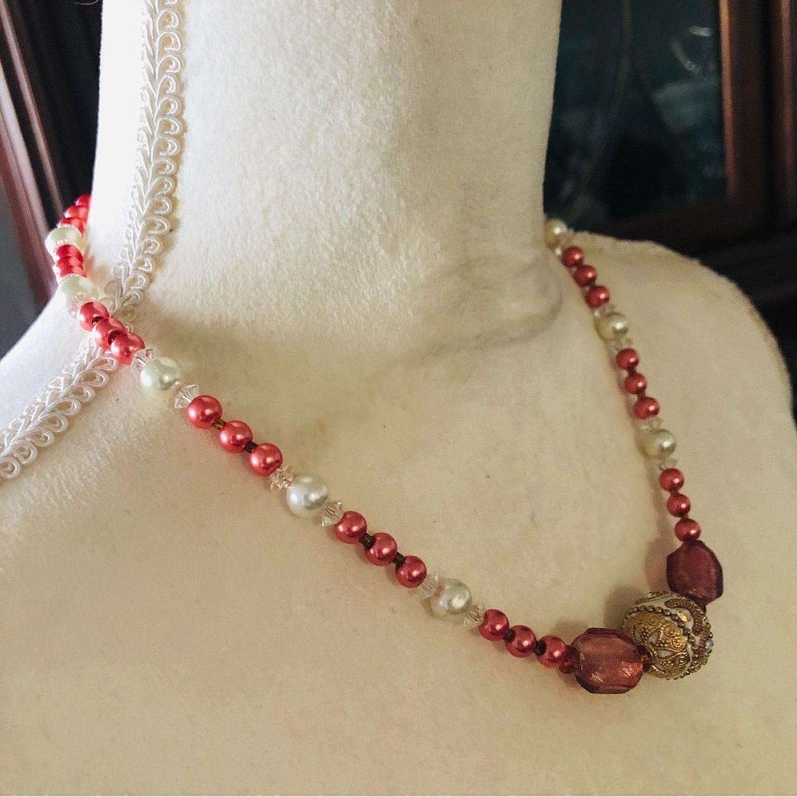 Handmade Handcrafted repurpose glass bead antique rose Pearl necklac Size ONE SIZE - 3 Thumbnail