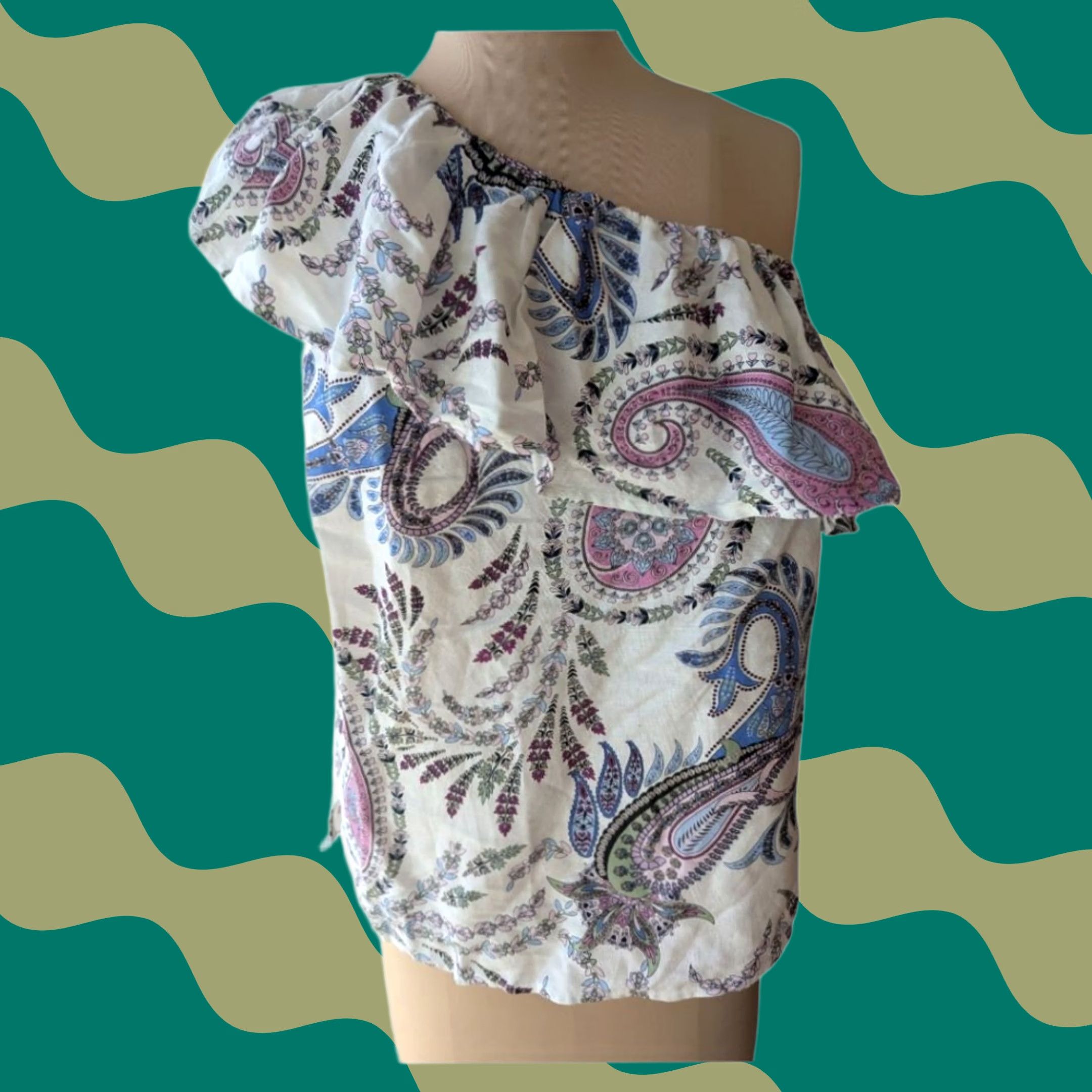 Loft LOFT One Shoulder Linen Blend Paisley Blouse White Blue Pink Womens S Ruffle Sleeveless Casual Bohemian Women’s Shirt Size S / US 4 / IT 40 - 1 Thumbnail
