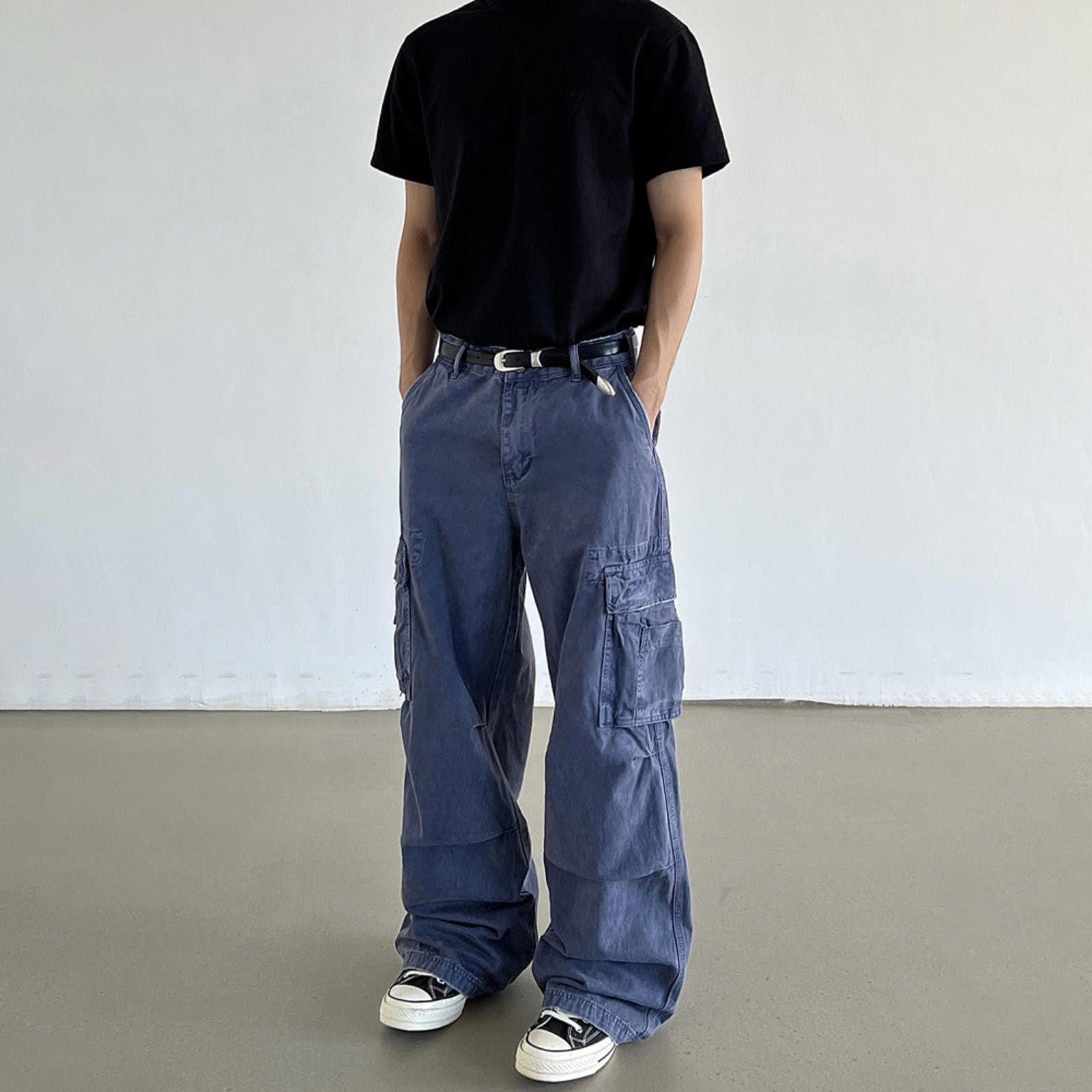 Multi Pocket Blue Cargo Wide Leg Jeans