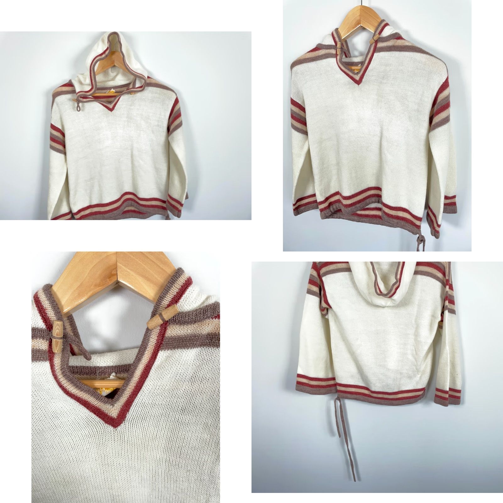 Vintage VINTAGE 80s Hooded Toggle Sweater Women's Small White Red Striped Boho Knit Acrylic Size S / US 4 / IT 40 - 9 Thumbnail