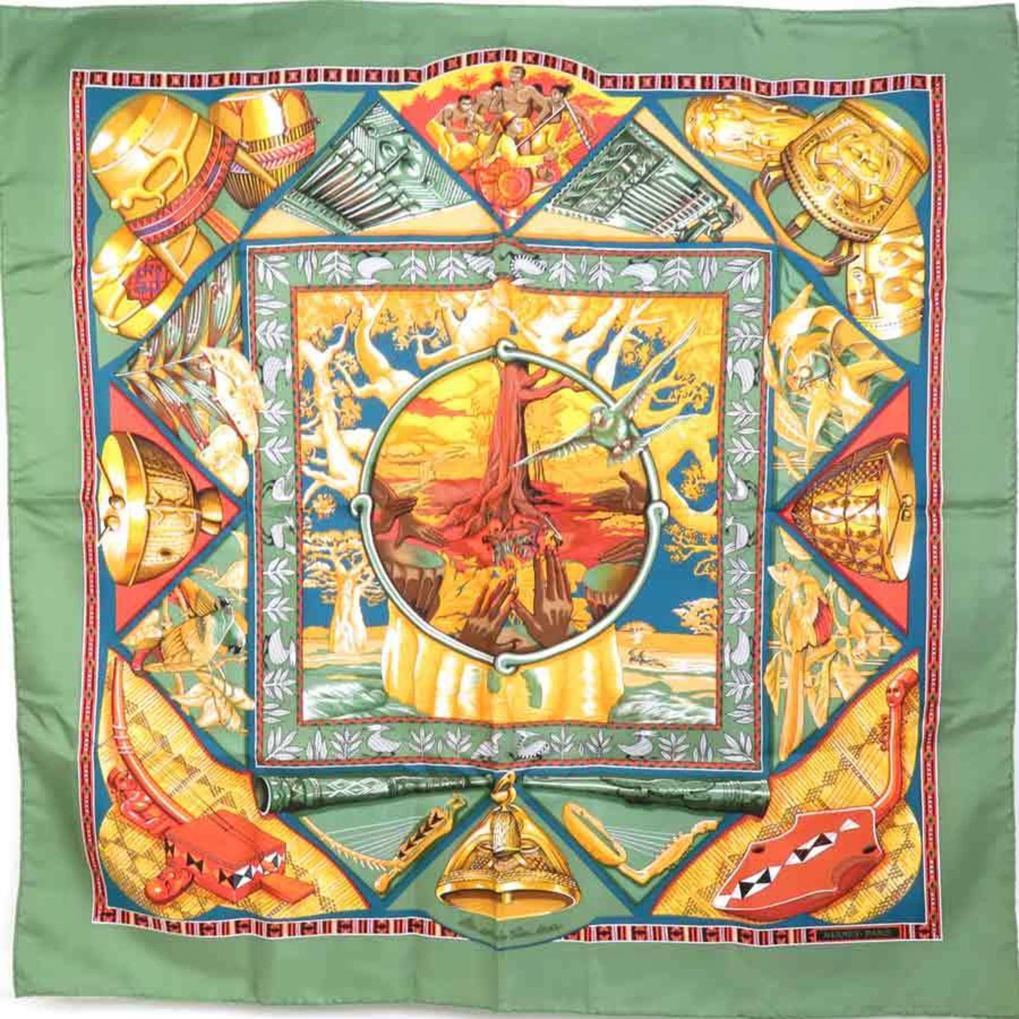image of Hermes Scarf Muffler Carre 90 Au Son Du Tam Silk Khaki Ladies According To The Sound Of, Women's