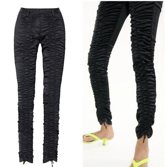 Other Ruve Loe Black Satin Ruched Skinny Slim Pants - S Size 28" / US 6 / IT 42 - 1 Thumbnail