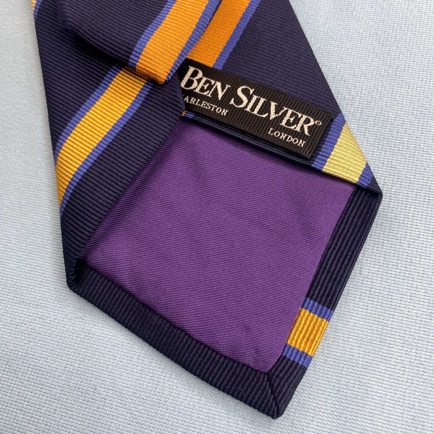 Vintage Ben Silver Silk Repp Tie 3.7x61" Long Blue Gold Yellow Stripe Vtg Money Capsule Men Tie Silk Business Executive Capsule Necktie Mens Size ONE SIZE - 4 Thumbnail