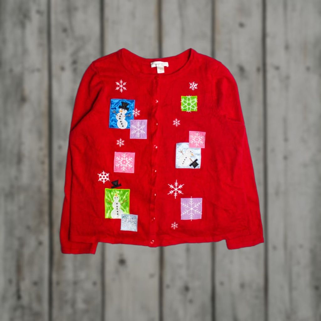 Vintage VINTAGE Red Ugly Christmas Sweater Cardigan 2000s Christopher & Banks X-Large Men/Women 50 Chest Red Christmas Flair Pattern Size XL / US 12-14 / IT 48-50 - 1 Thumbnail
