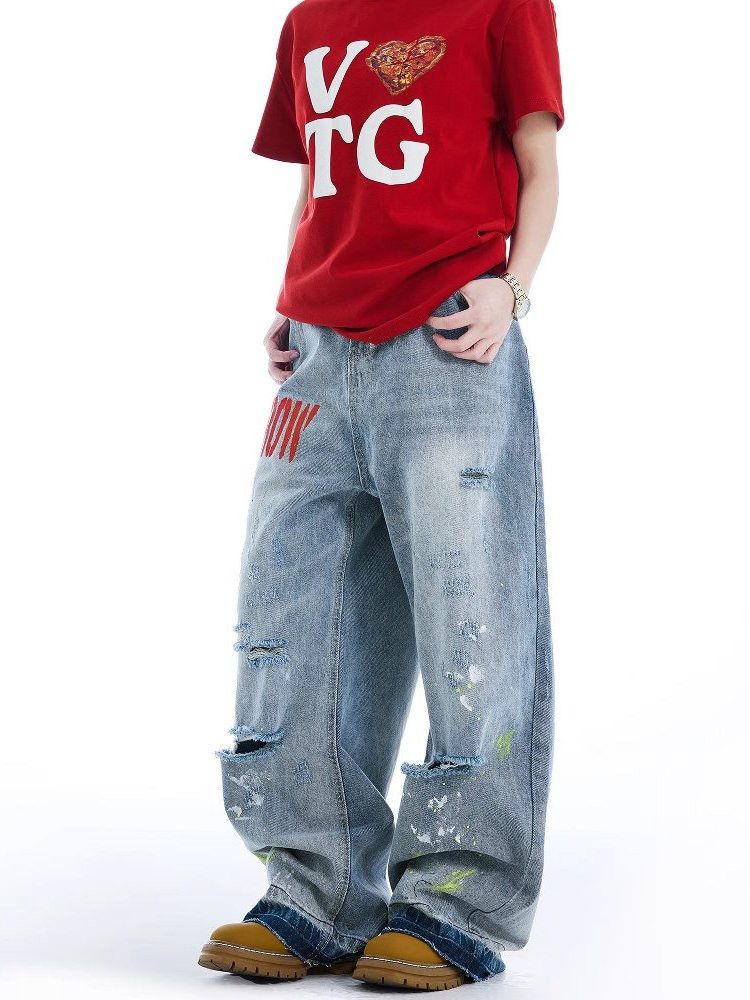 Japanese Brand Street retro men's loose-fitting washed printed ripped jeans Size US 32 / EU 48 - 3 Thumbnail