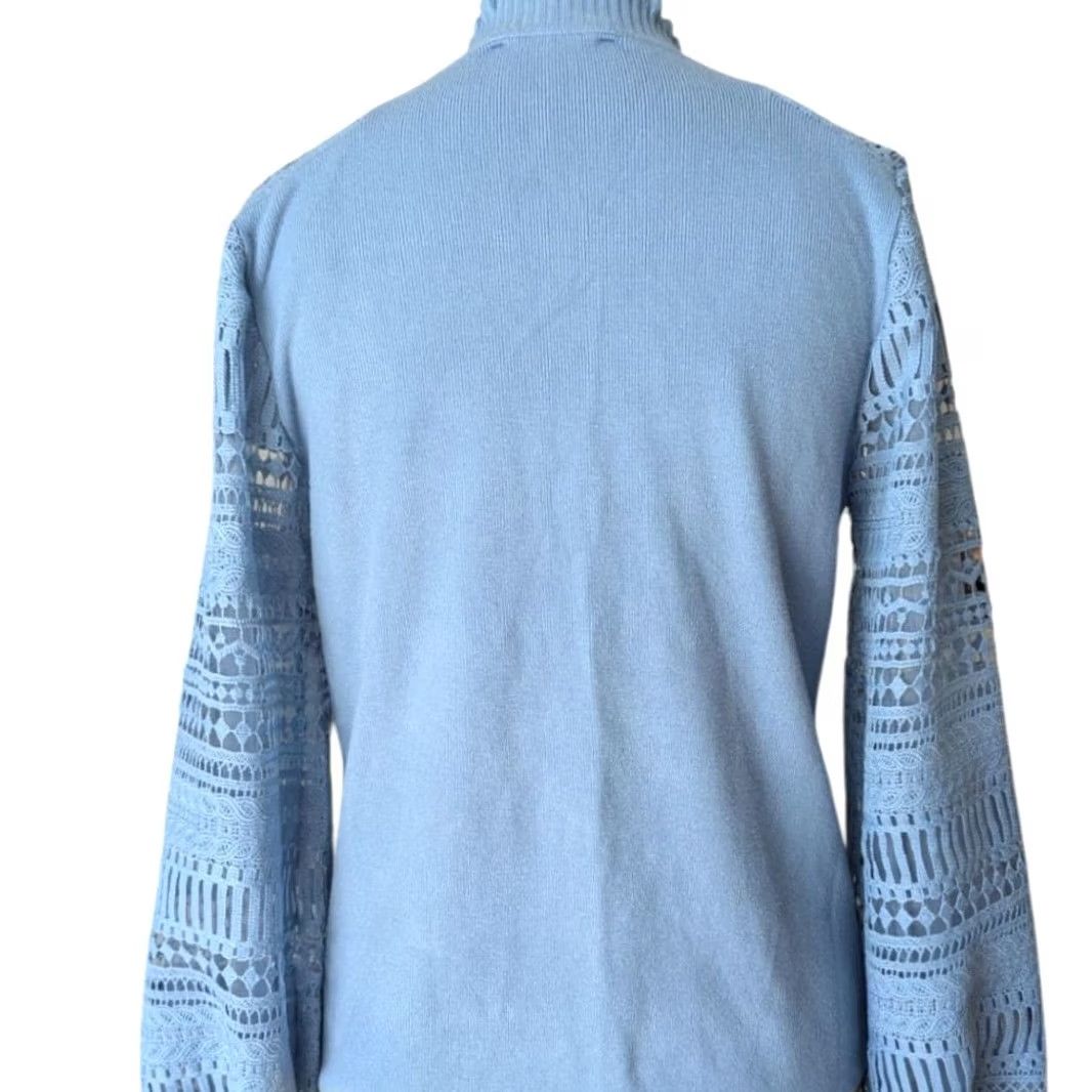 Vintage Sioni Light Blue Mock Neck Sweater Sz M Women Shirt Pullover Balloon Sleeve Crochet Mixed Media Blue 90s? Size M / US 6-8 / IT 42-44 - 4 Thumbnail
