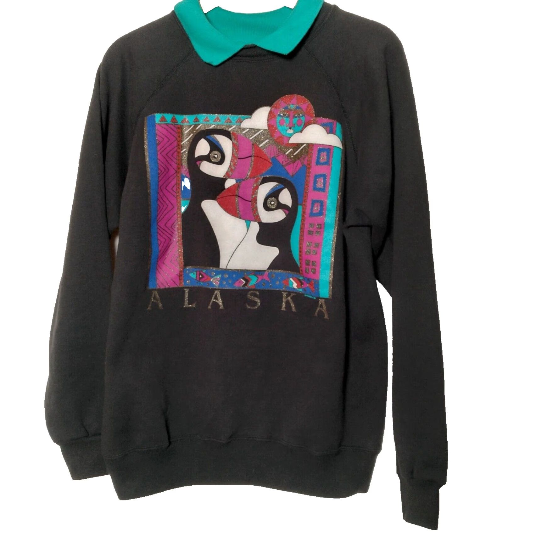 Hanes Vintage Hanes 1990s Alaska Penguins Sweatshirt Women Large Black Knit Pullover Collared Glitter Activewear Size L / US 10 / IT 46 - 2 Thumbnail