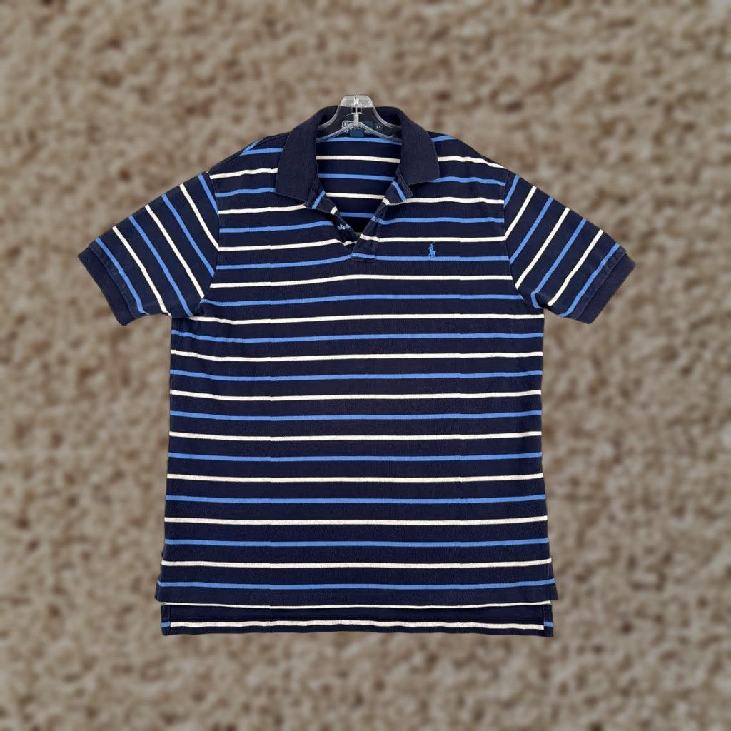 Ralph Lauren VINTAGE Ralph Lauren Polo Shirt Men XL Blue White Stripe 100% Cotton Polo Shirt Slim Fit Short Sleeve Vintage 70s Mens Blue White Stripe Polo Shirt Size US XL / EU 56 / 4 - 1 Thumbnail