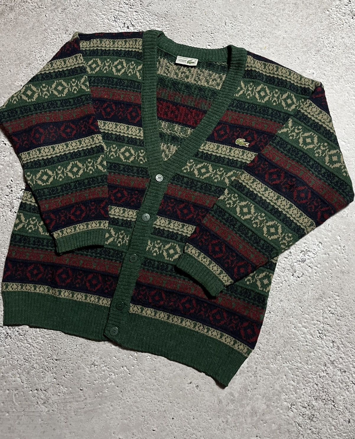 Lacoste × Vintage Vtg Lacoste Fair Isle Knit Cardigan Green Red Alpaca Wool Size US L / EU 52-54 / 3 - 2 Thumbnail